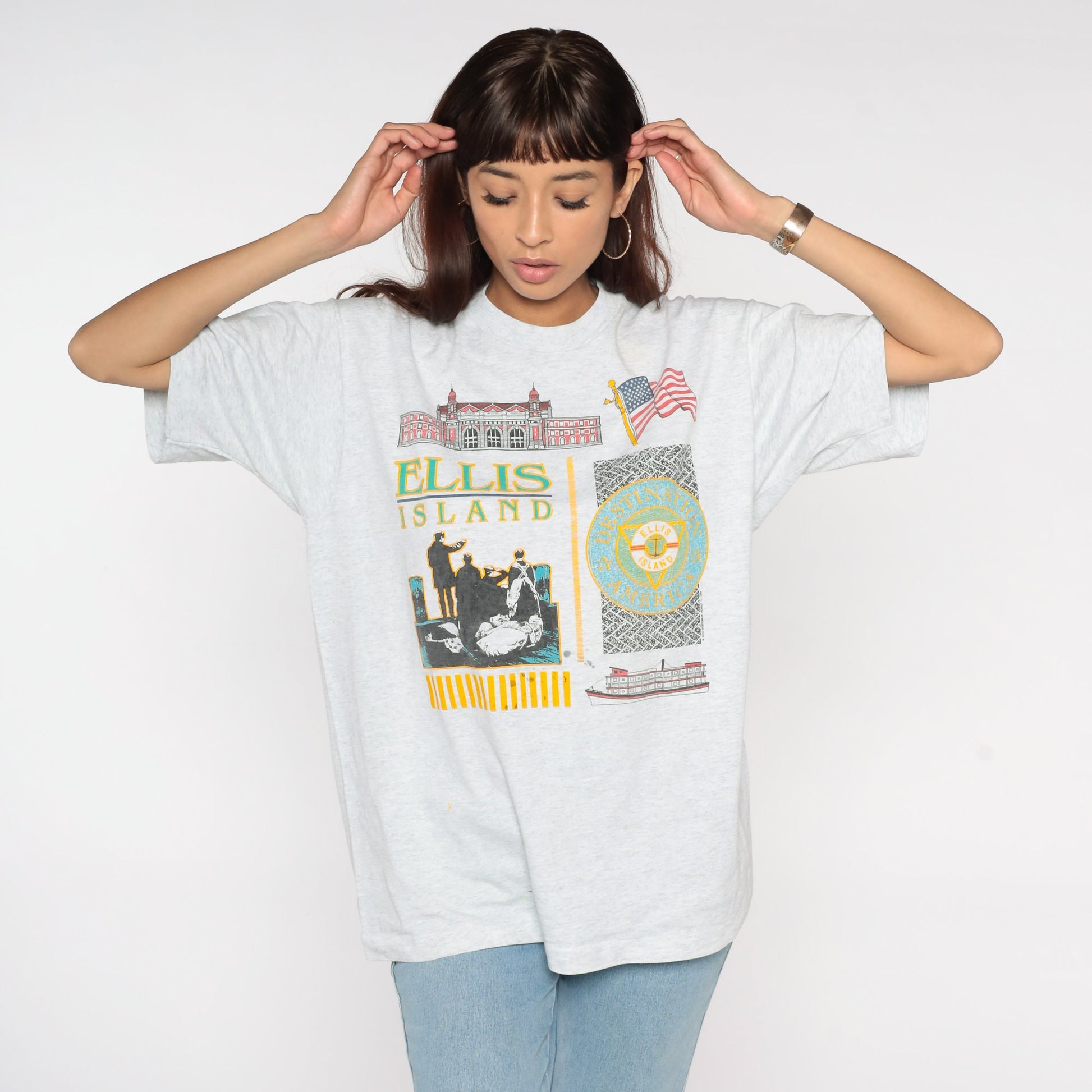 90s Ellis Island New York Graphic T-Shirt Light Heather Grey Extra Large XL