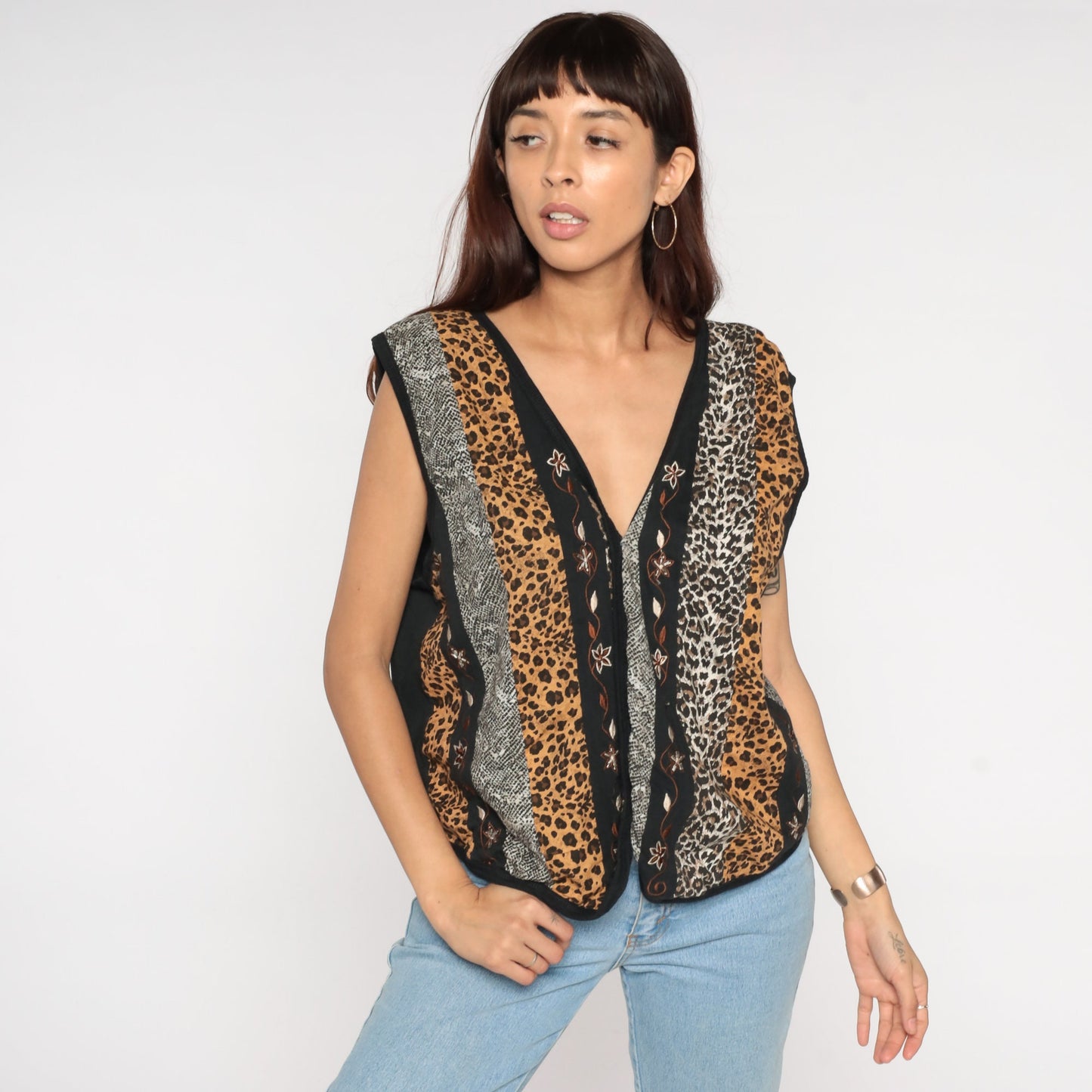 80s Animal Print Vest Top Floral Embroidered Sleeveless Blouse Large