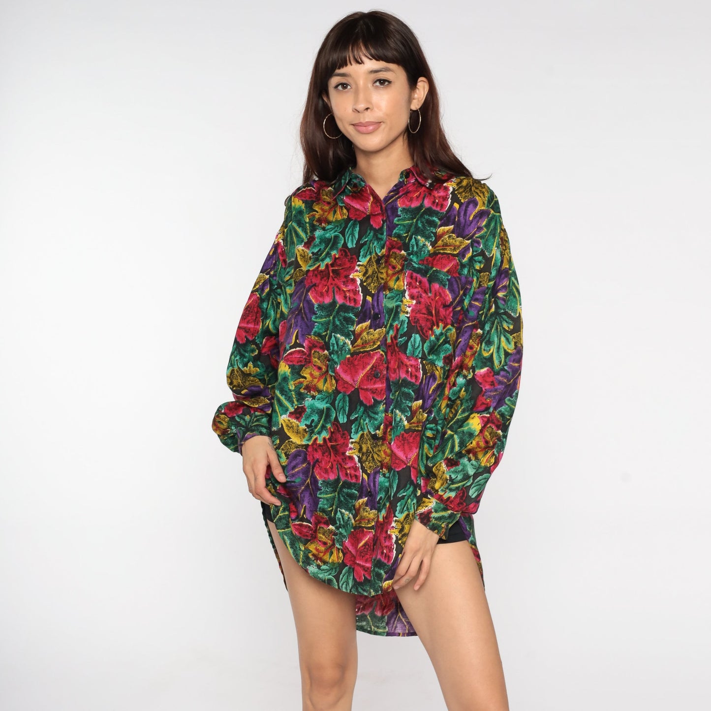 80s Tropical Floral Button-Up Blouse Dark Print Long Sleeve Collared Shirt Large L
