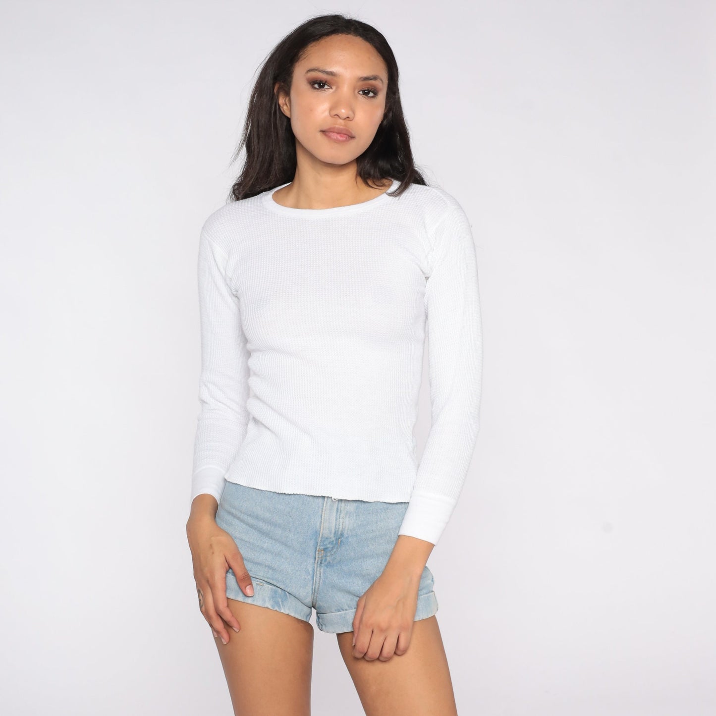 80s White Waffle Knit Thermal Long Sleeve Undershirt Small