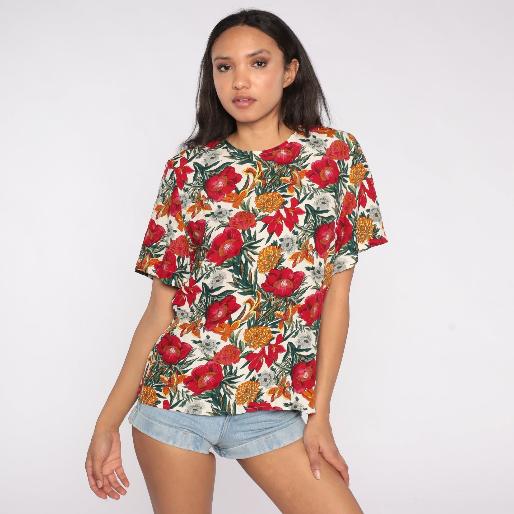 90s Floral Print Rayon Shirt Short Sleeve Blouse Small S