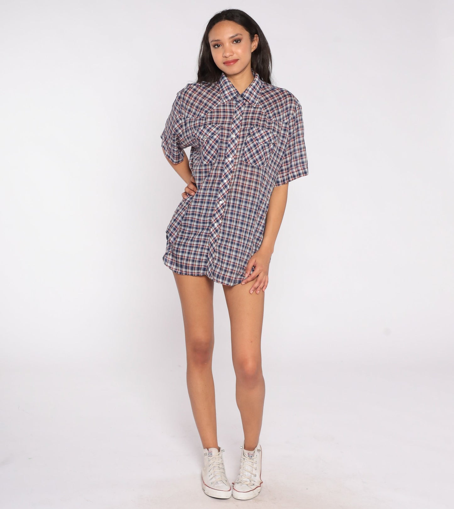 80s Western Pearl Snap Shirt Blue Red Plaid Short Sleeve Extra Large XL