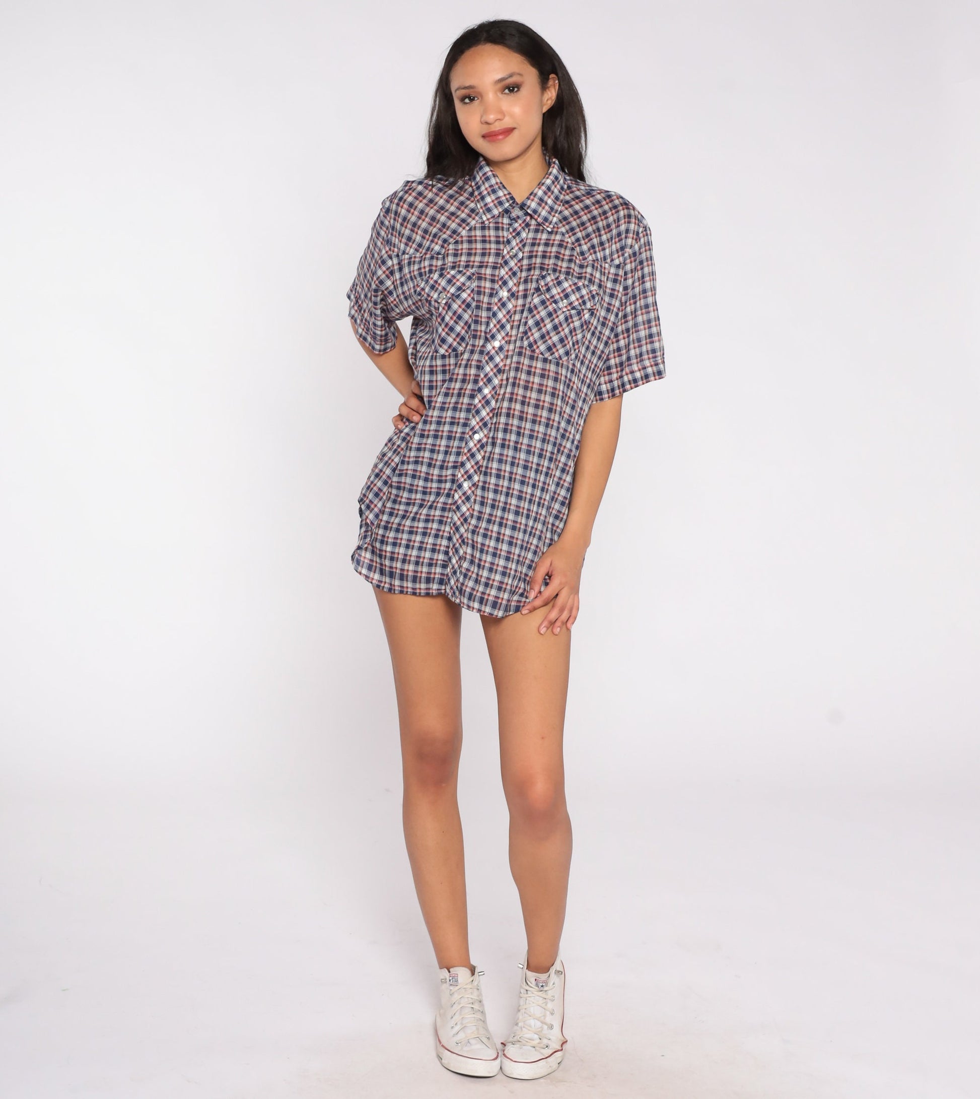80s Western Pearl Snap Shirt Blue Red Plaid Short Sleeve Extra Large XL