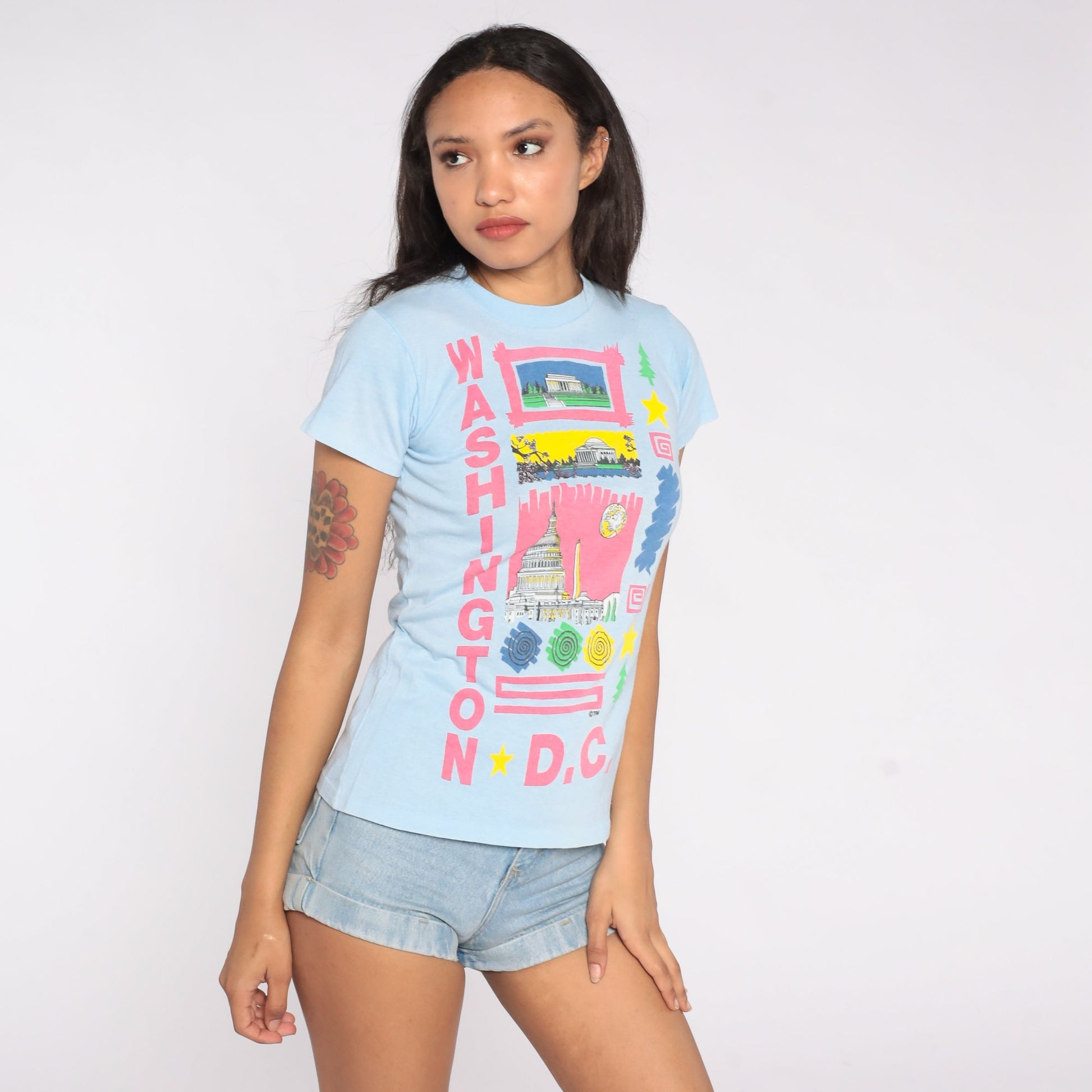 80s Washington DC White House Graphic T-Shirt Baby Blue Single Stitch Small