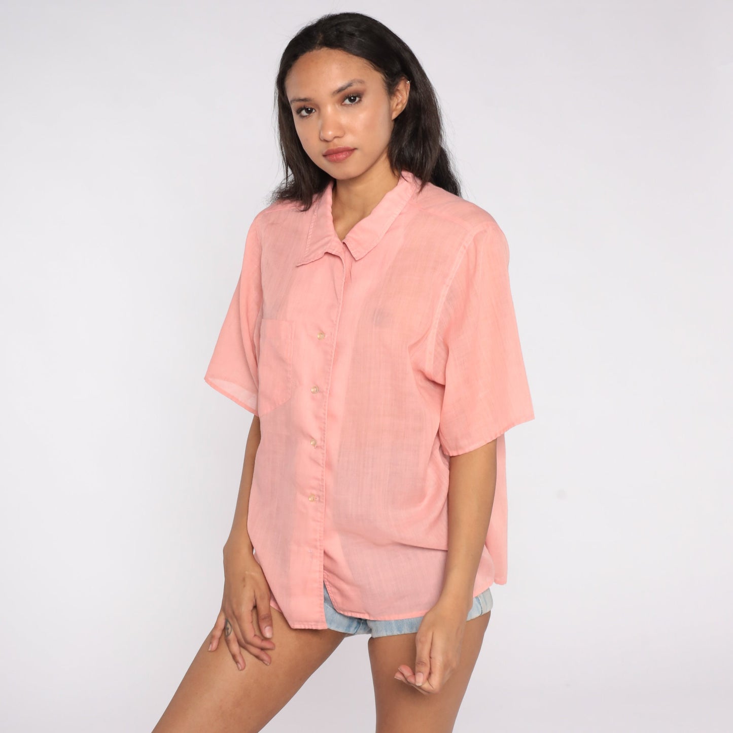 80s Pink Semi-Sheer Button-Up Blouse Short Sleeve Cotton Blend Extra Large
