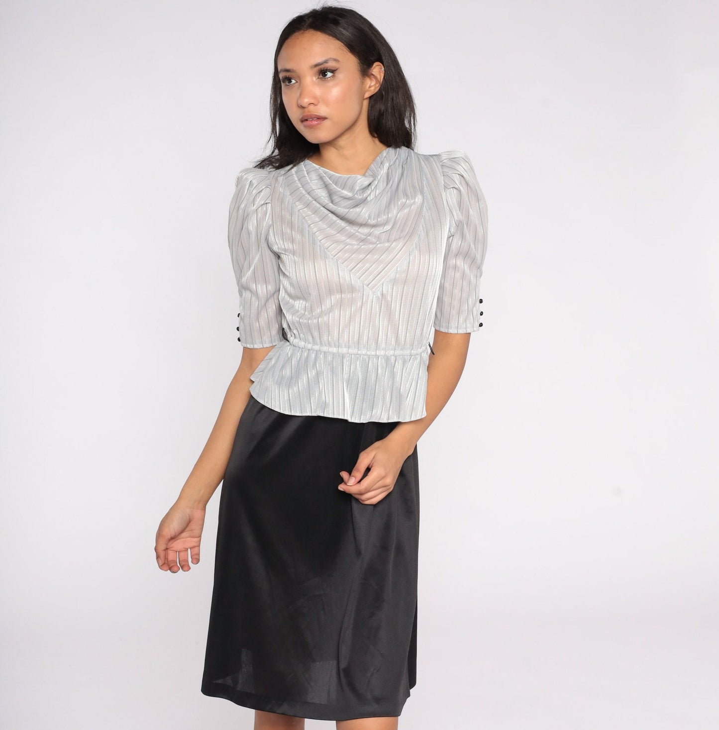 80s Peplum Dress Puff Sleeve Cowl Neck Silver Grey Midi Small