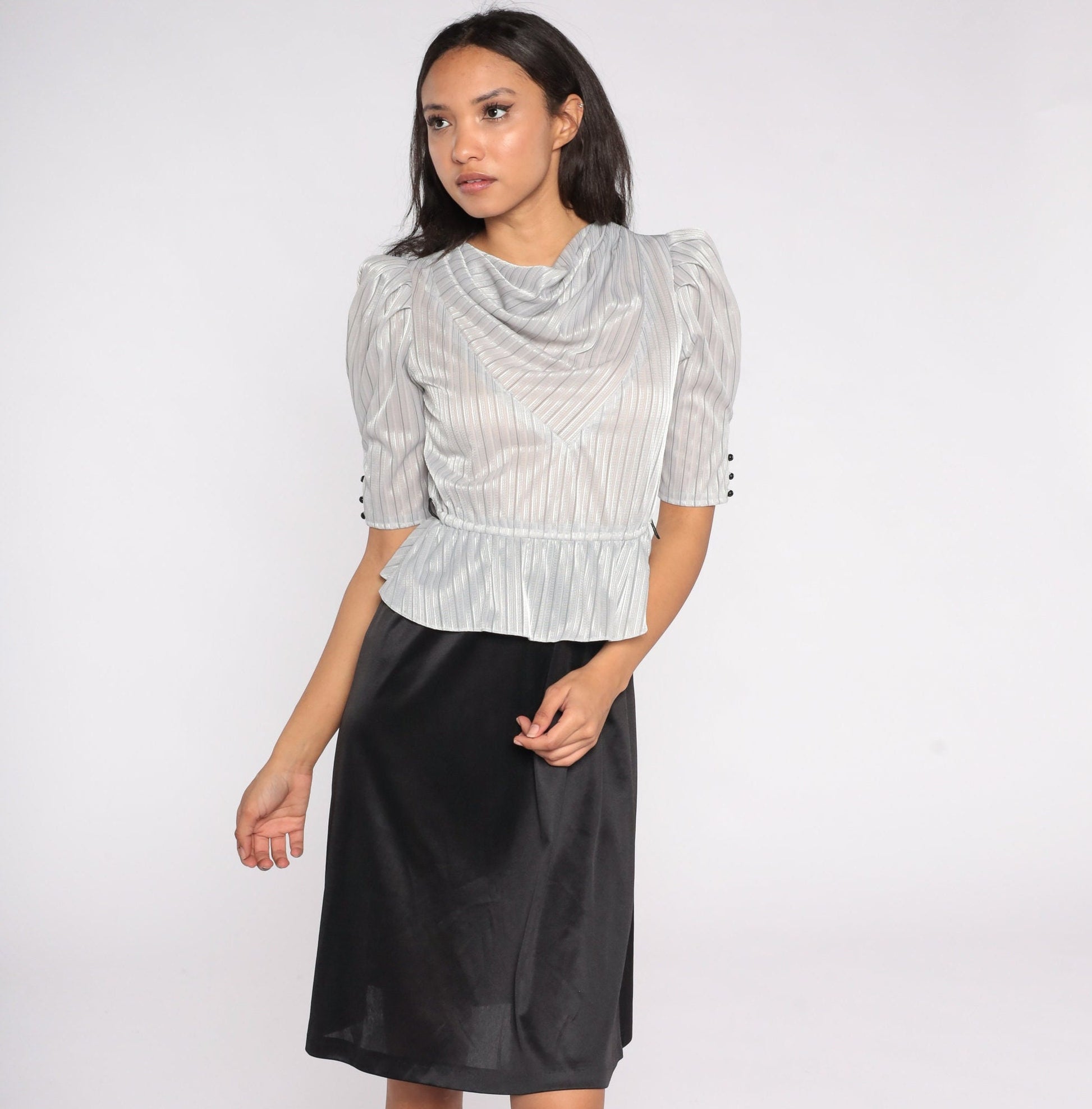 80s Peplum Dress Puff Sleeve Cowl Neck Silver Grey Midi Small
