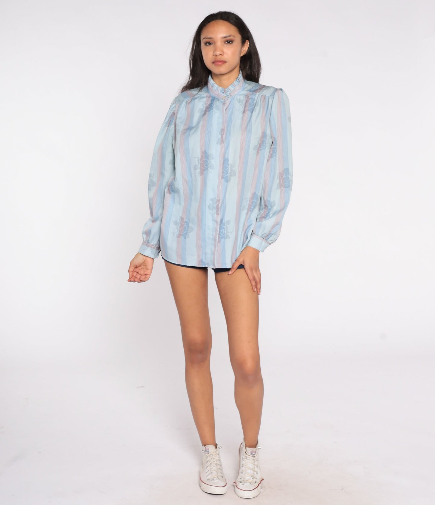 80s Blue Striped Floral Ruffle Neck Blouse Puff Sleeve Button Top Extra Large XL