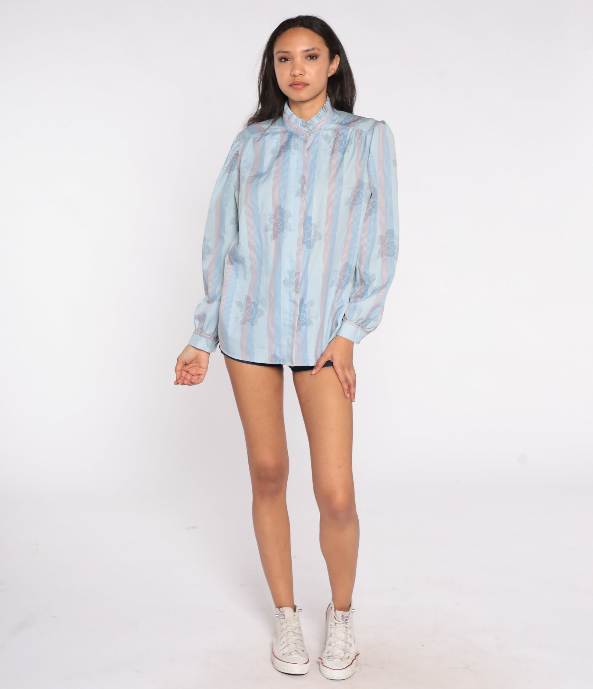 80s Blue Striped Floral Ruffle Neck Blouse Puff Sleeve Button Top Extra Large XL