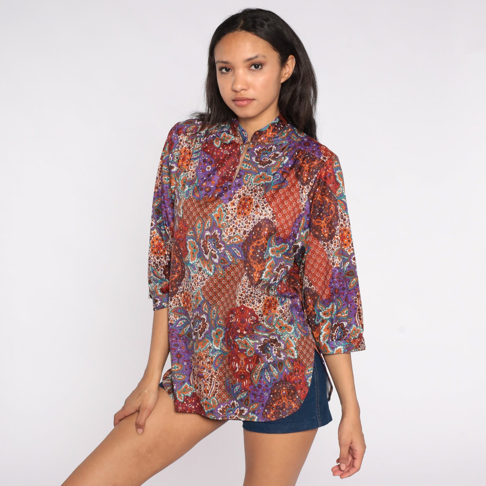 70s Paisley Floral Blouse Keyhole Neck 3/4 Sleeve Patchwork Top Large