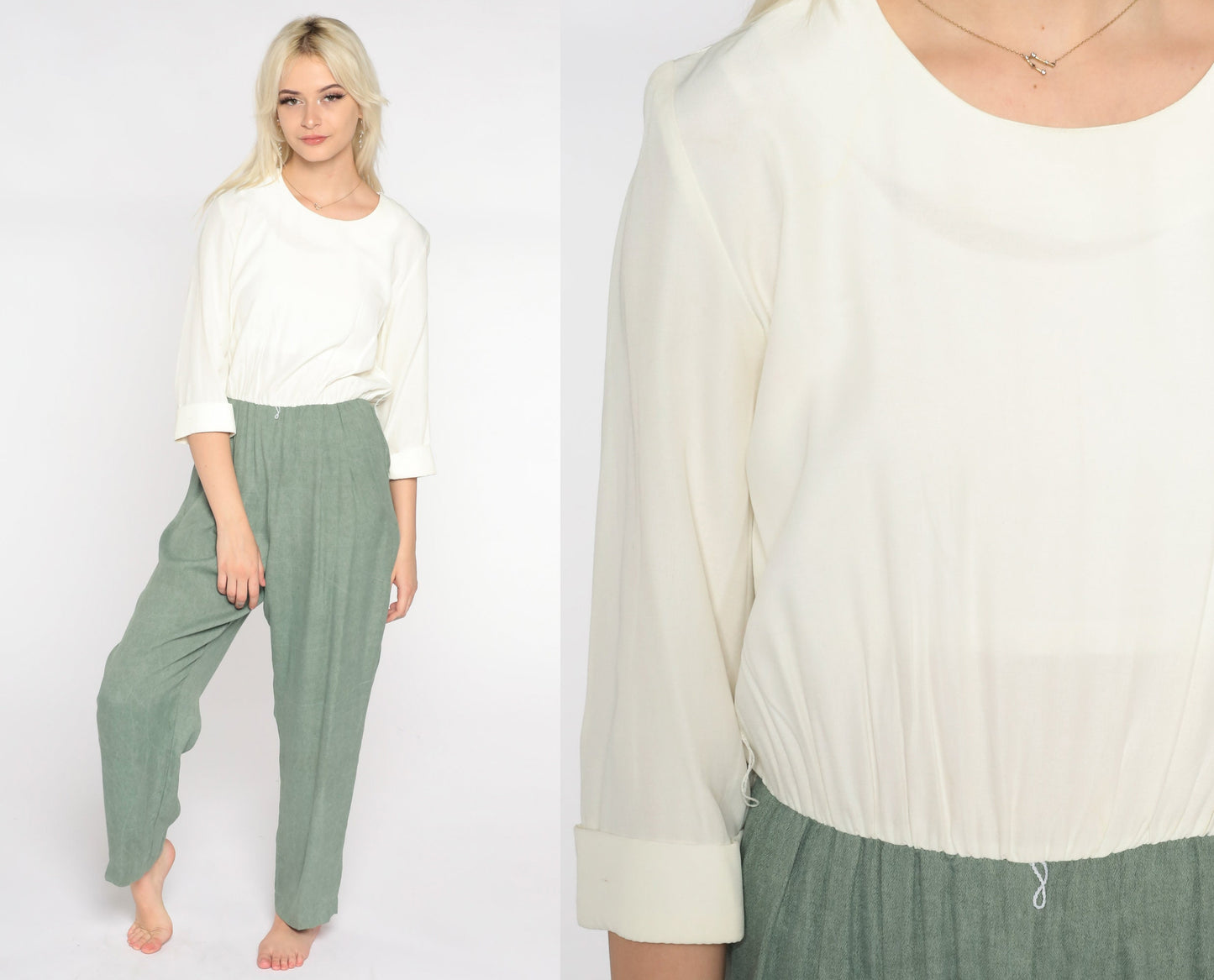 80s White Green Two-Tone Tapered Jumpsuit Acetate Rayon Medium M