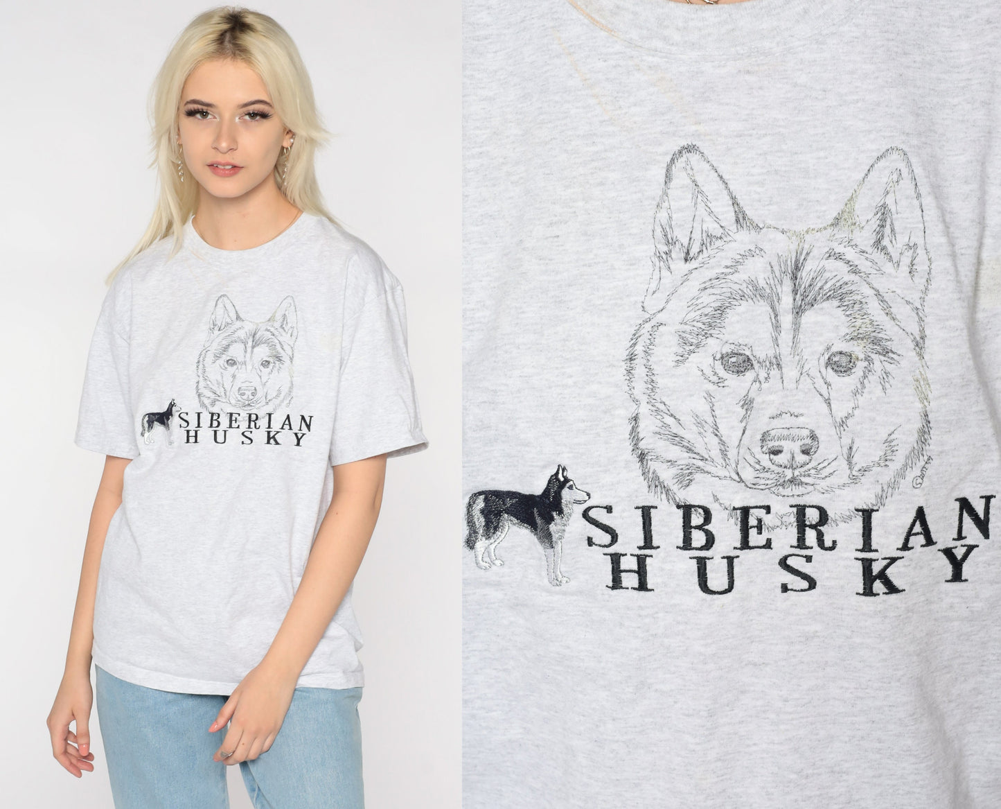 90s Siberian Husky Graphic T-Shirt Embroidered Dog Tee Medium