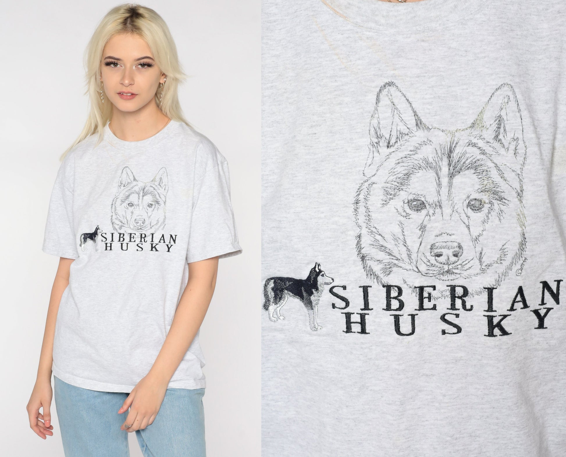 90s Siberian Husky Graphic T-Shirt Embroidered Dog Tee Medium