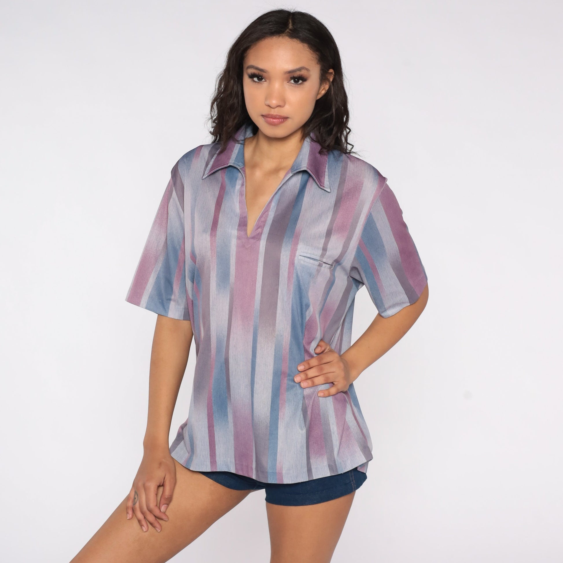 70s Striped V-Neck Blouse Purple Blue Short Sleeve Small