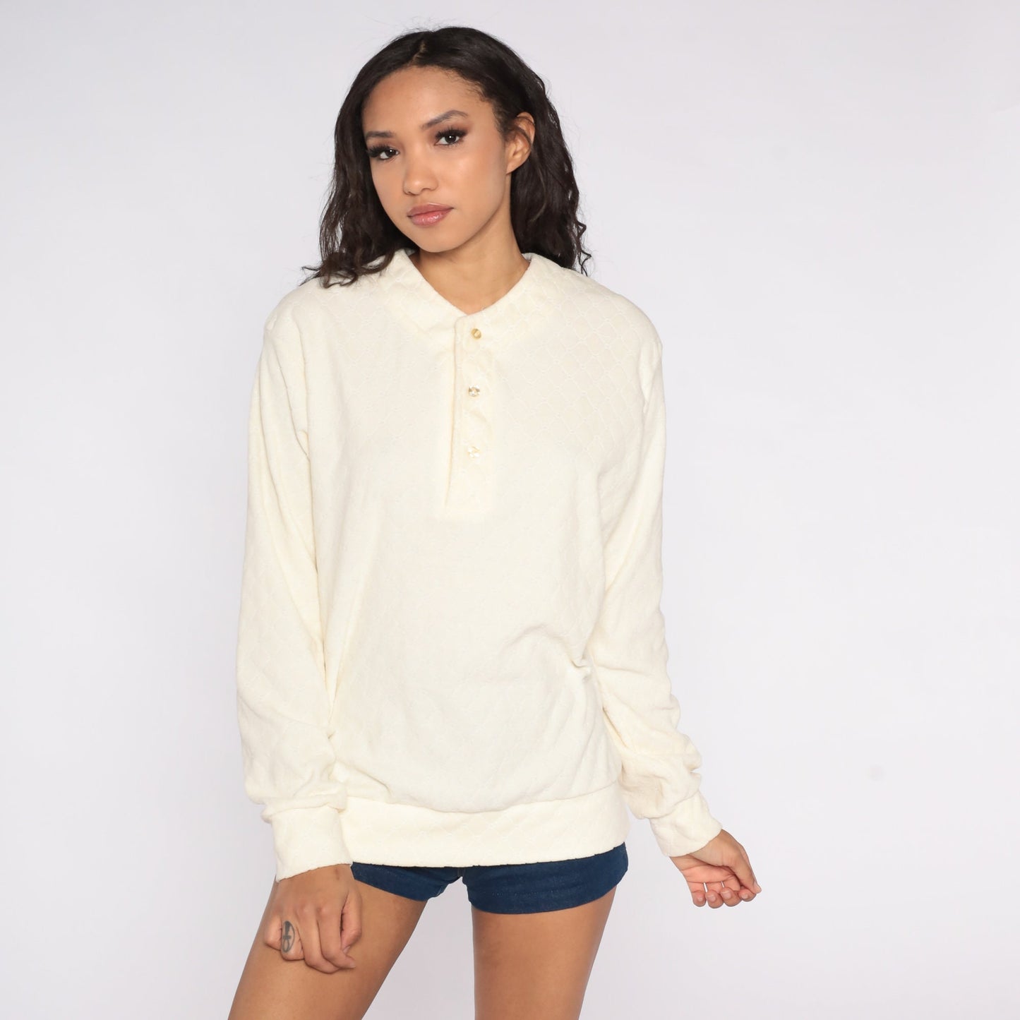 80s Cream Henley Quilted Terry Sweatshirt Long Sleeve Pullover Medium
