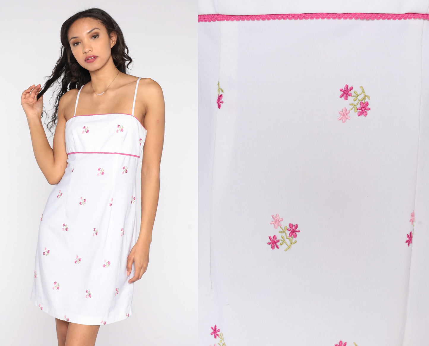 00s White Floral Embroidered Mini Dress Spaghetti Strap Shift Medium M