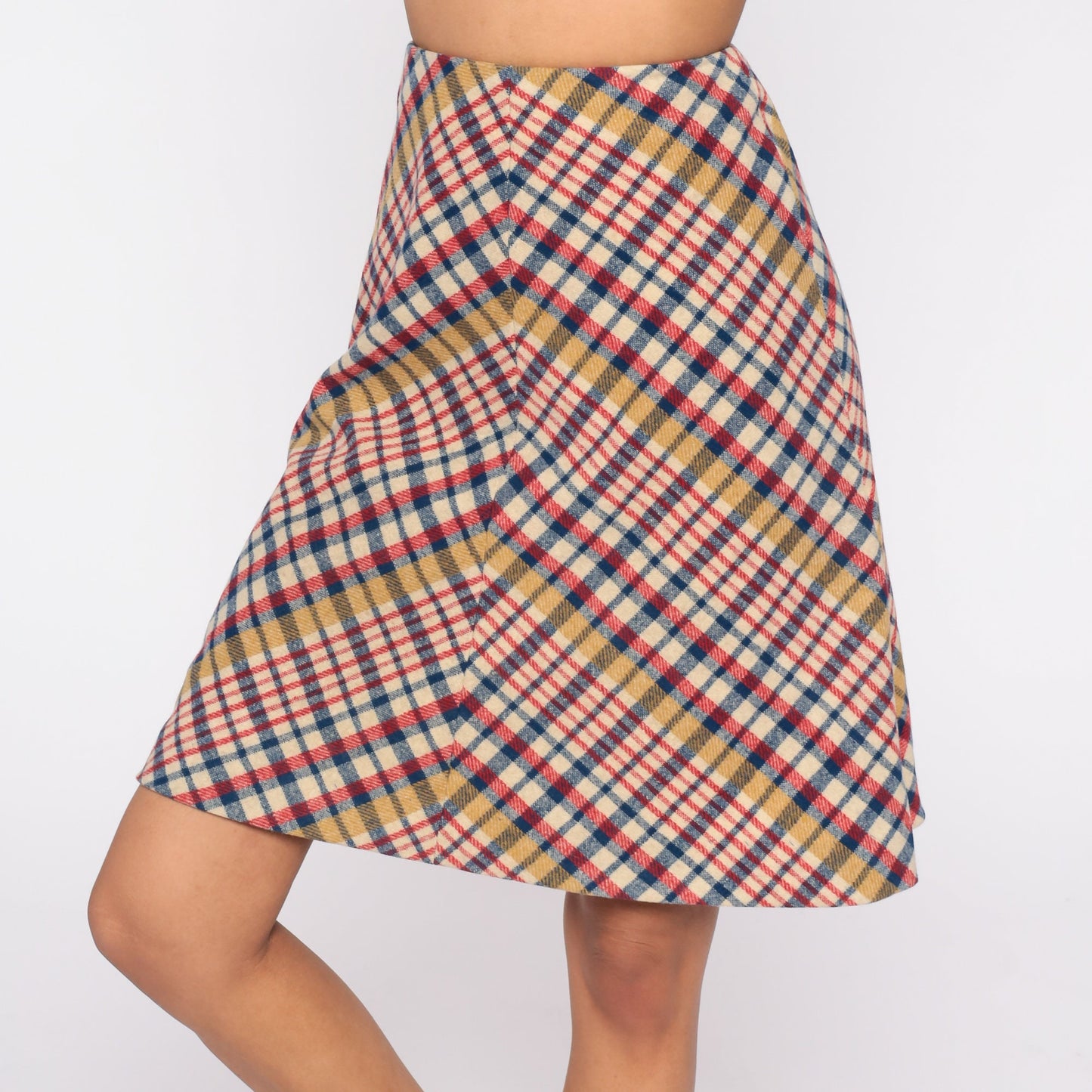 60s Madras Plaid Wool Skirt High Waist Flared Preppy Extra Small XS