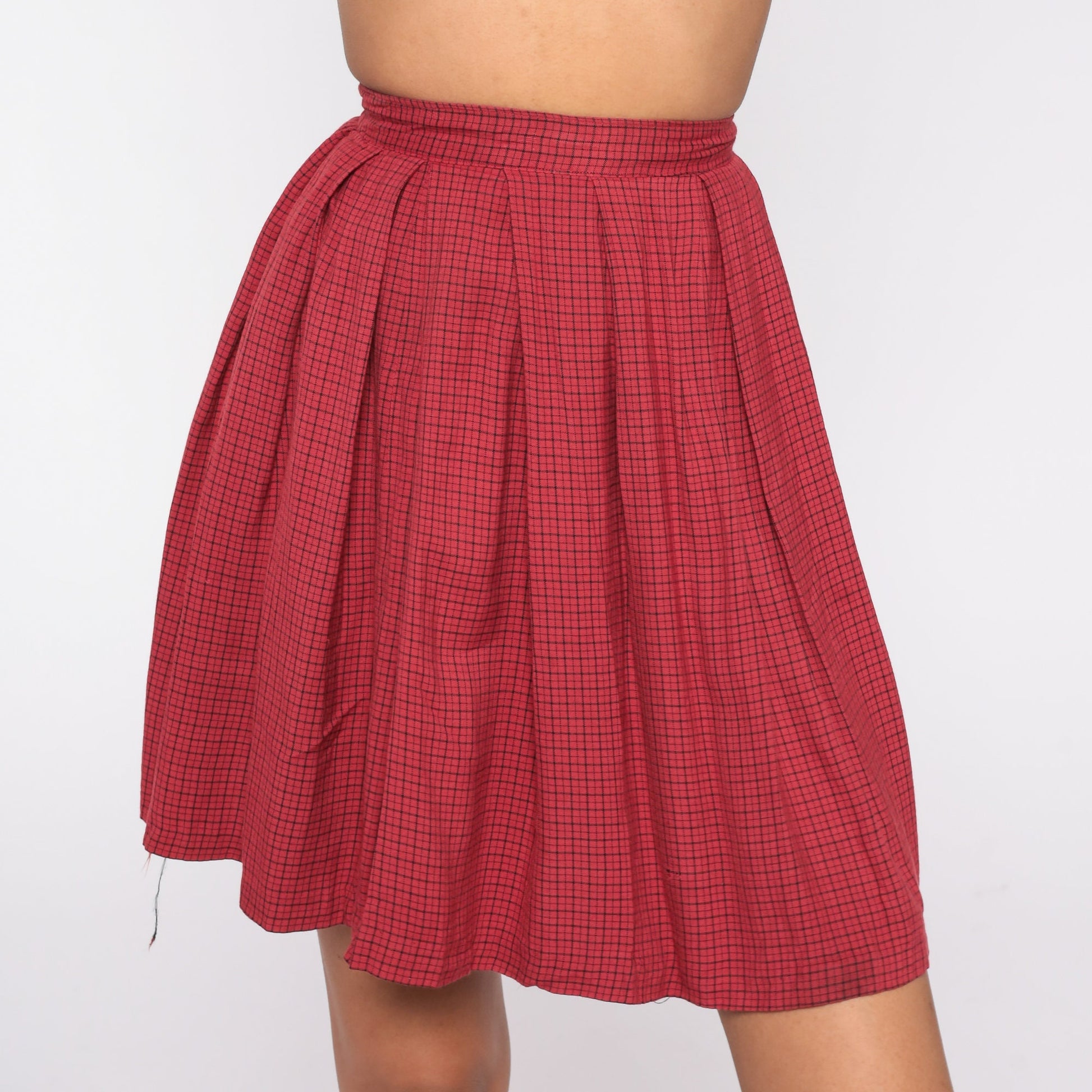 60s Red Checkered Pleated Mini Skirt High Waisted XXS