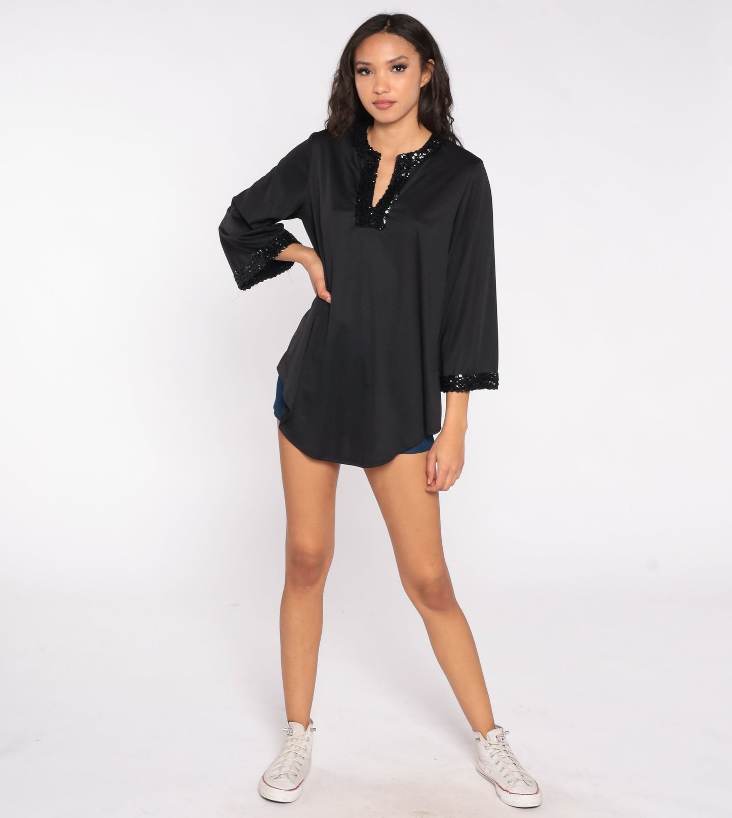 70s Black Sequin Blouse V-Neck Slit Long Sleeve Disco Party Top Medium Large