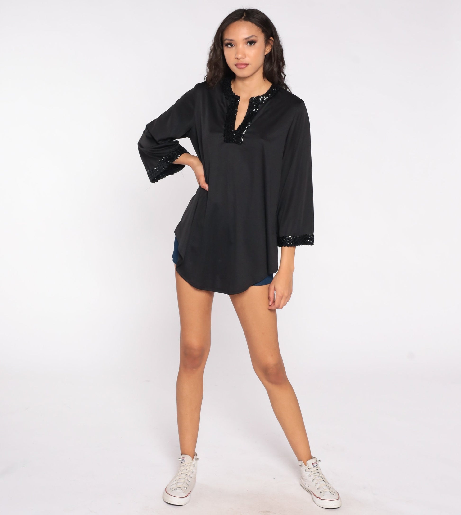 70s Black Sequin Blouse V-Neck Slit Long Sleeve Disco Party Top Medium Large