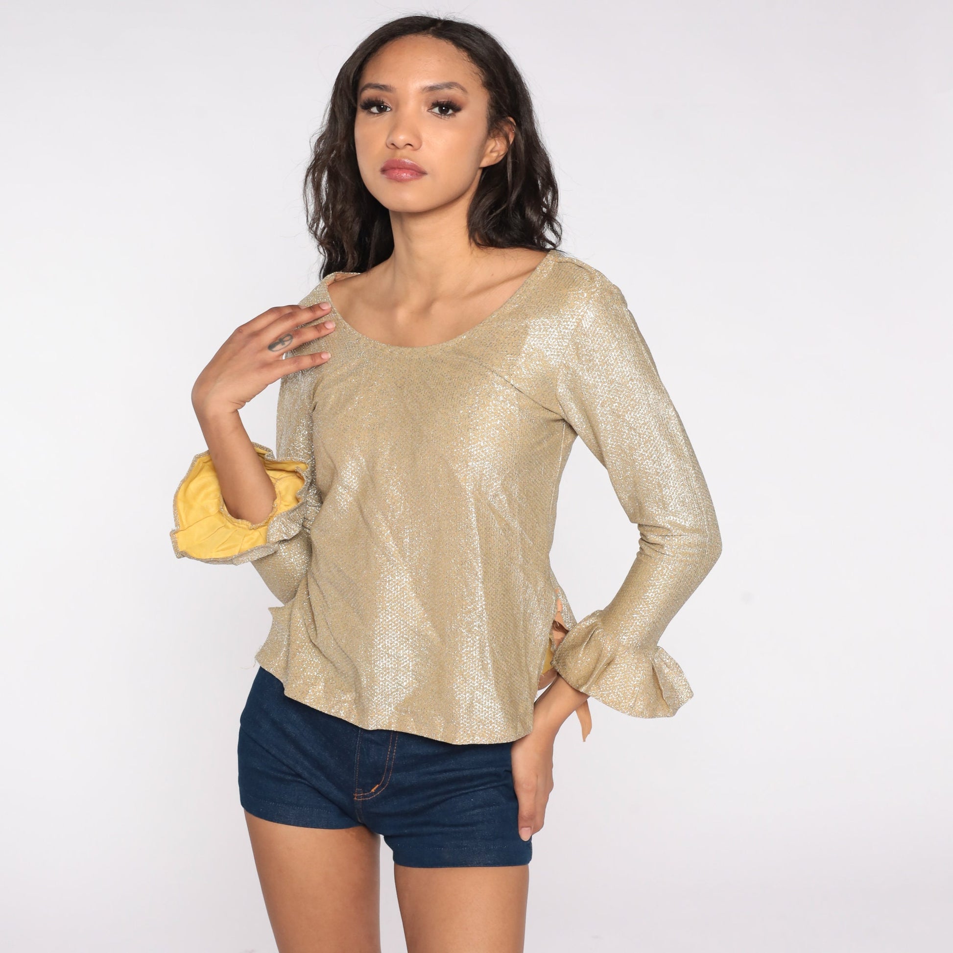 60s Metallic Gold Silver Blouse Bell Sleeve Party Top Extra Small