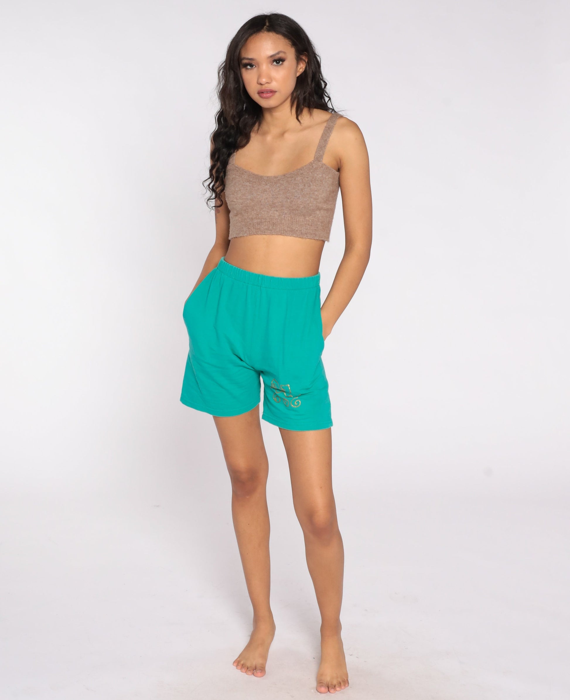 90s Green Gold Painted Elastic Waist Shorts High Rise Small S