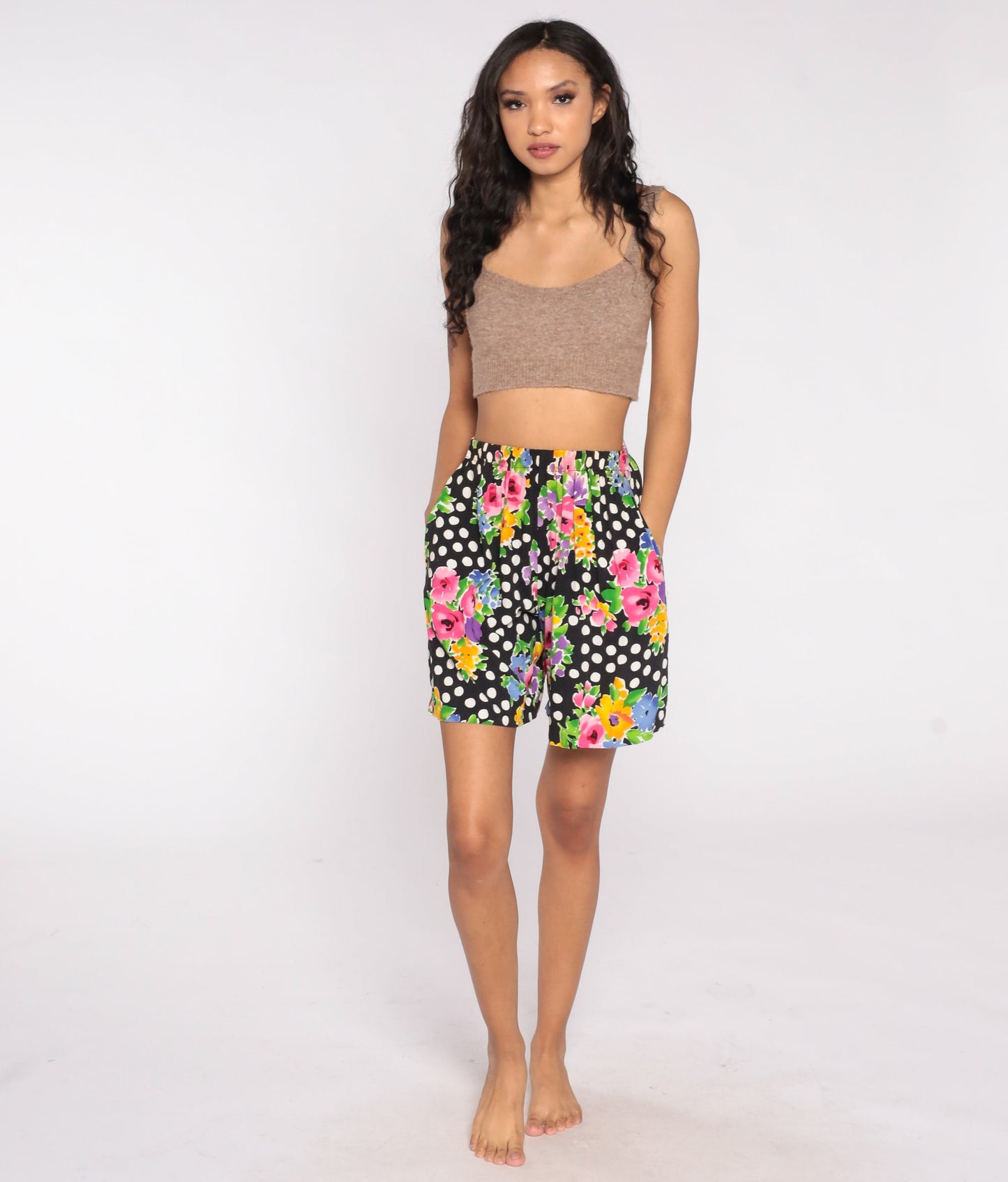 90s Floral Polka Dot High-Waisted Rayon Shorts Black White Small Medium