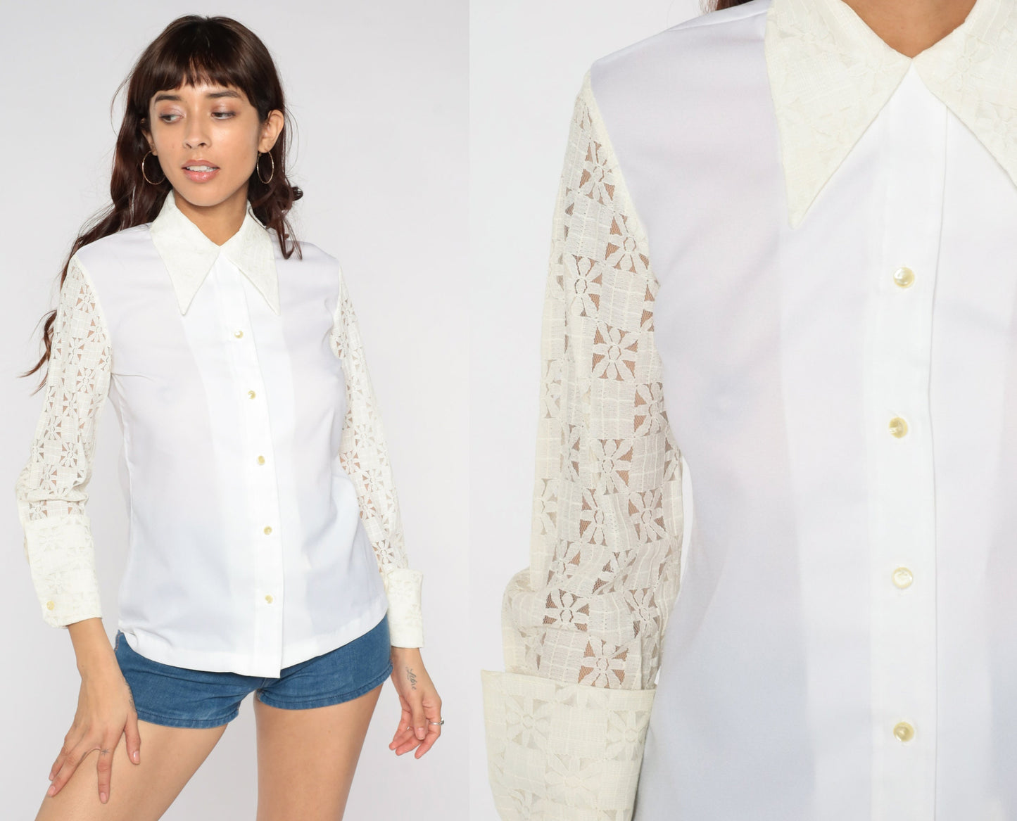 70s White Lace Blouse Floral Cutout Dagger Collar Button-Up Small