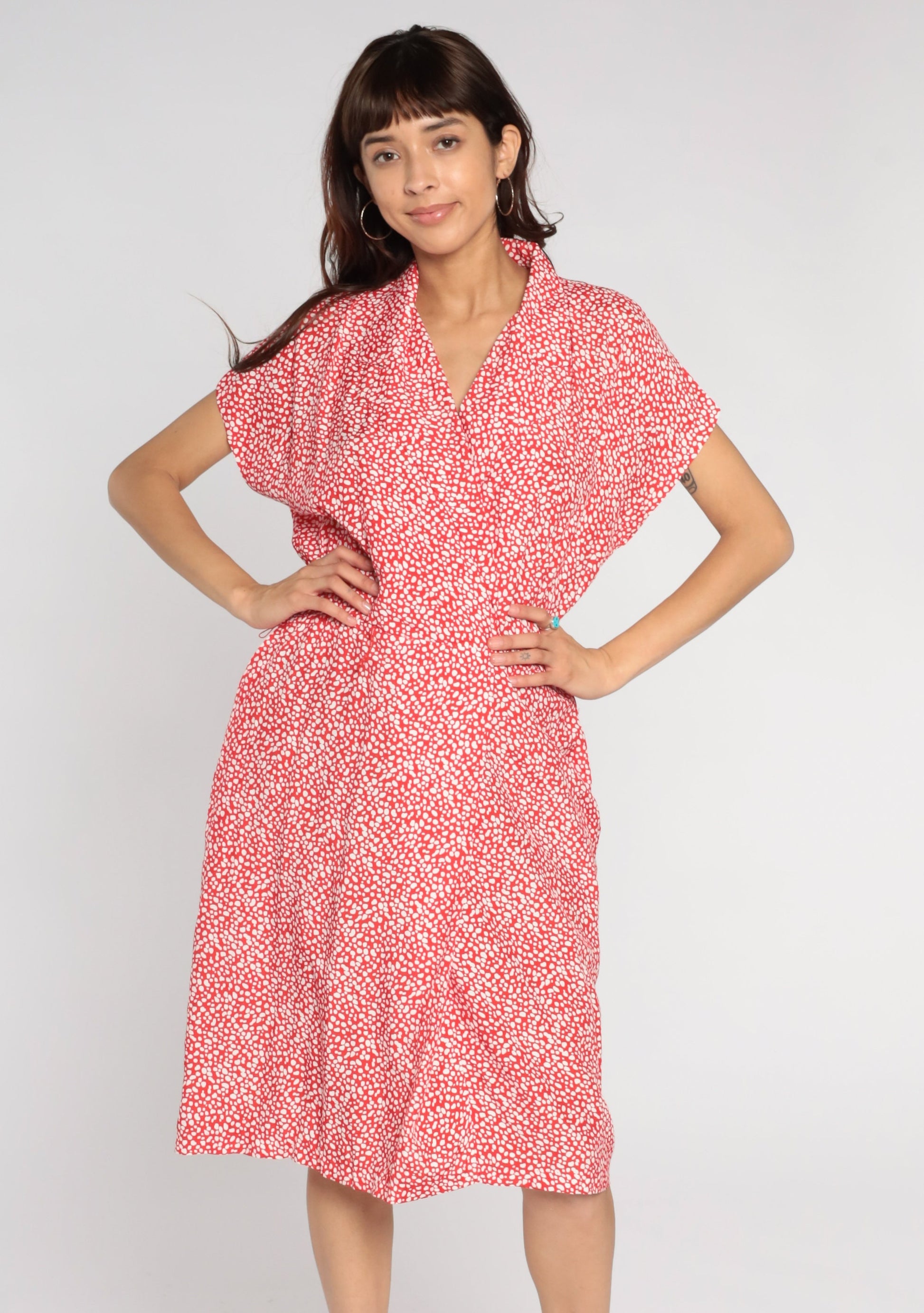 80s All That Jazz Midi Wrap Dress Red Pebble Print Pockets V-Neck Large 14