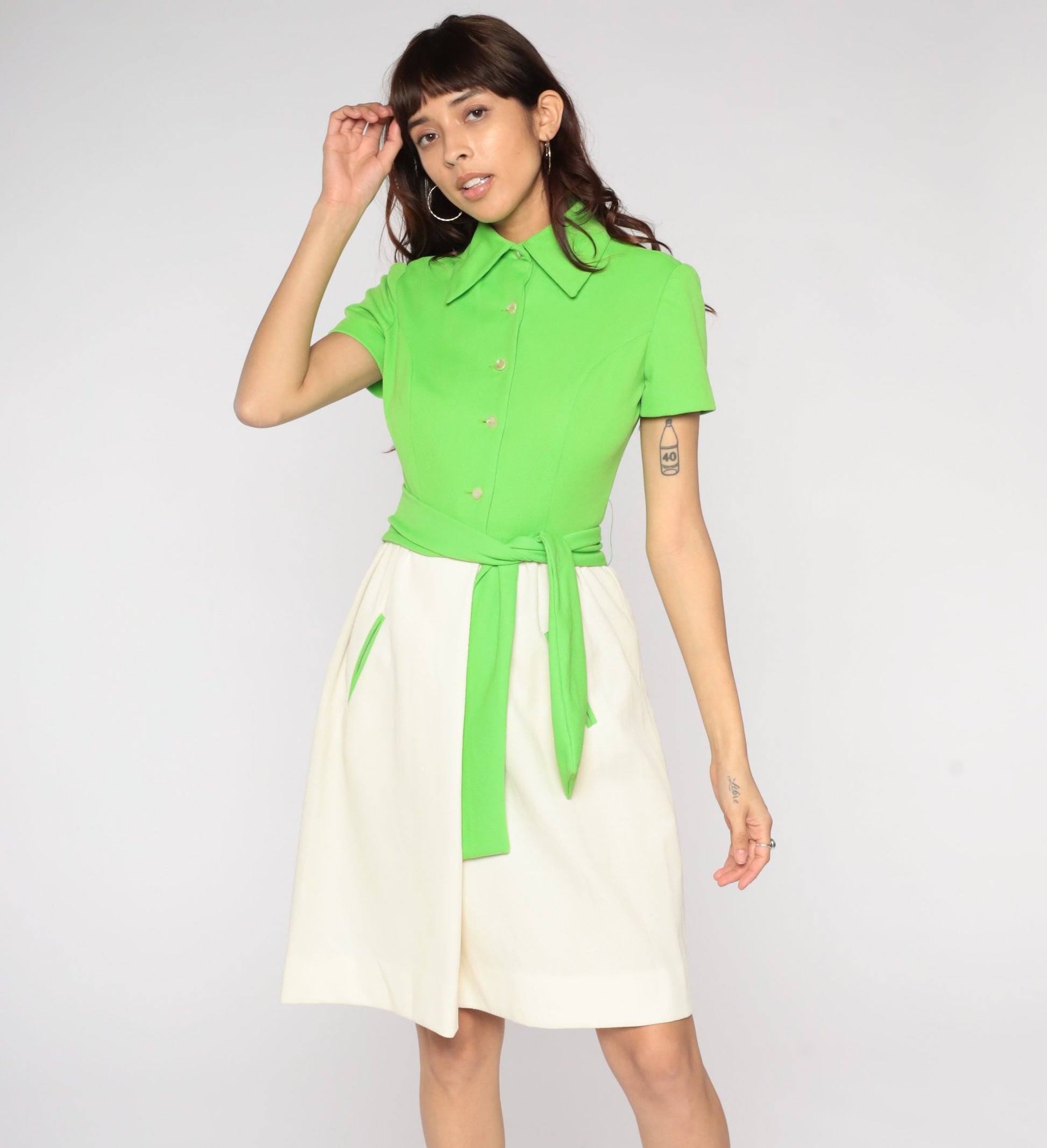 1970s Fred Rothschild Lime Green Mini Dress Pointed Collar Pockets Small
