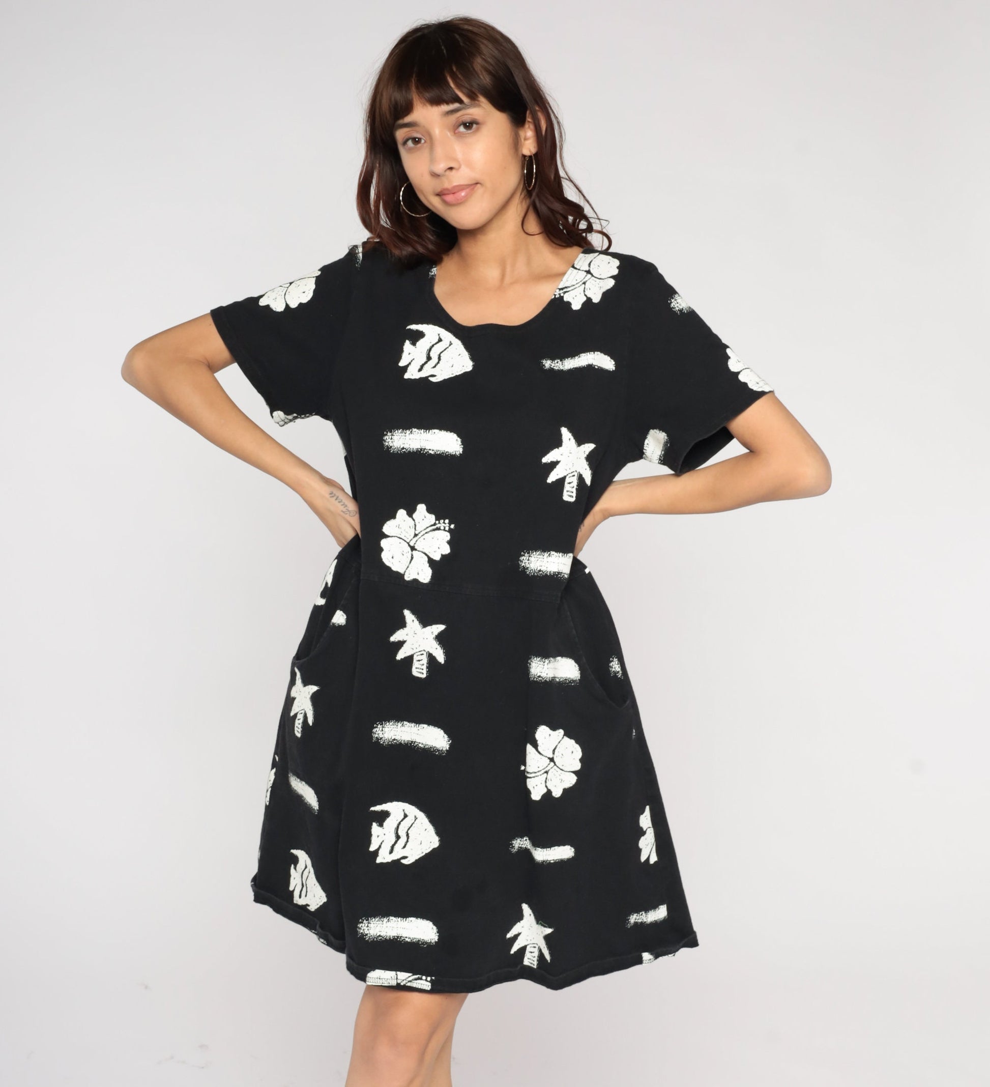 Y2K Black Tropical Fish Hibiscus Mini Shift Dress Short Sleeve Medium M