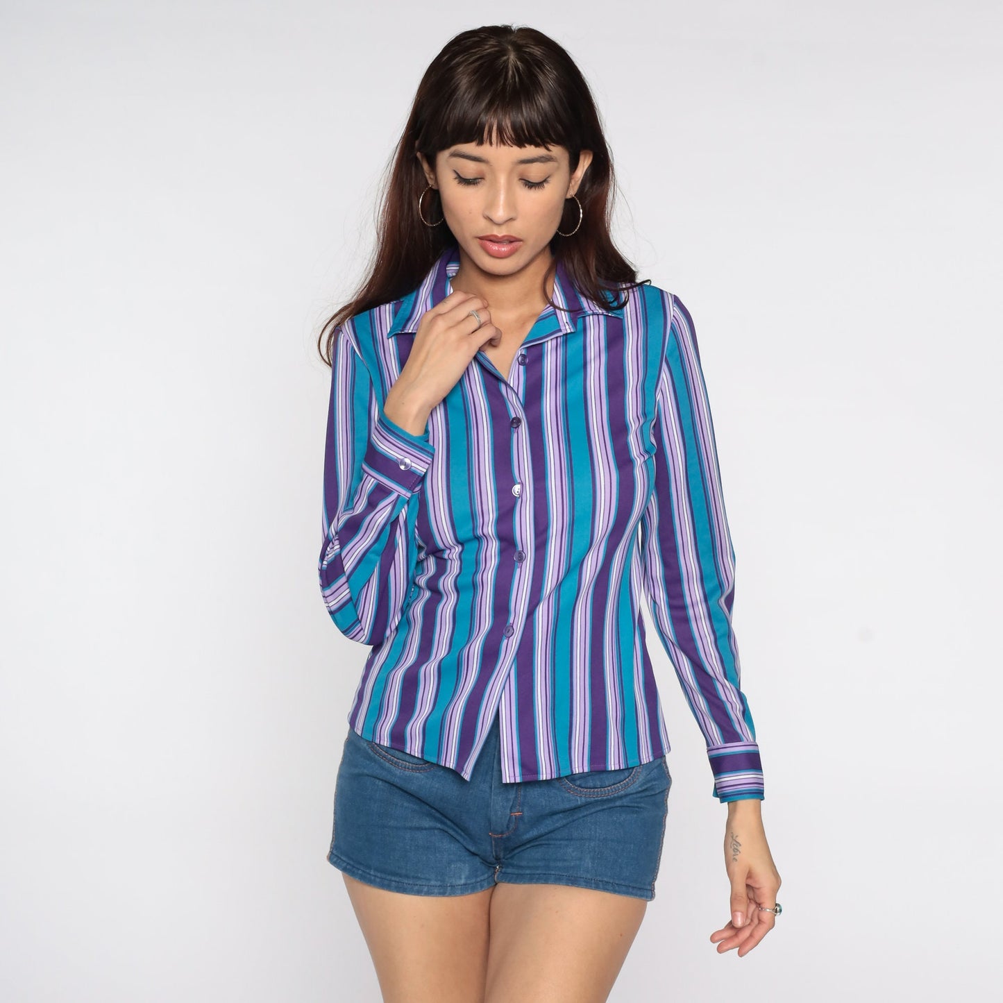 80s Striped Button-Up Blouse Purple Blue Long Sleeve Collared Shirt Small