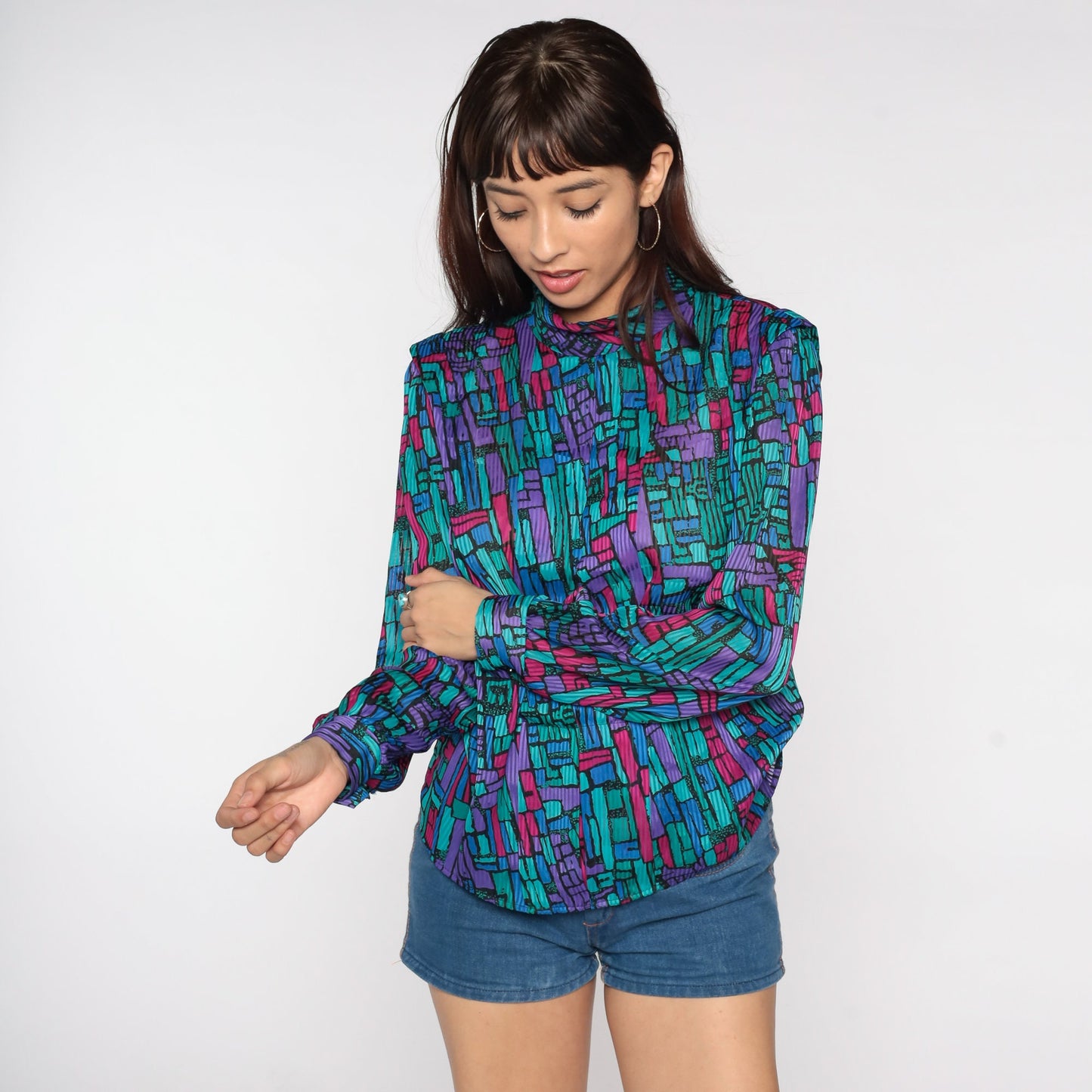 80s Geometric Mock Neck Blouse Long Sleeve Statement Top Medium