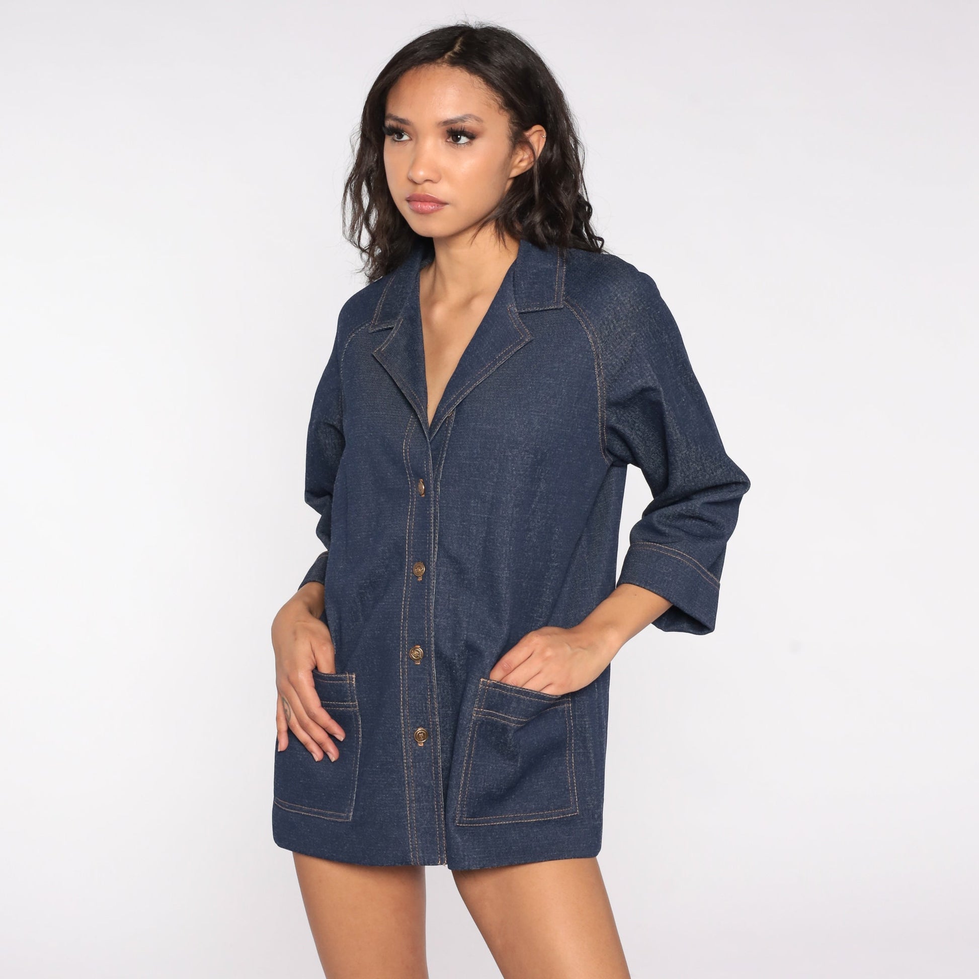 70s Dark Blue Denim-Look Jacket Button Up Raglan Sleeve Medium Large