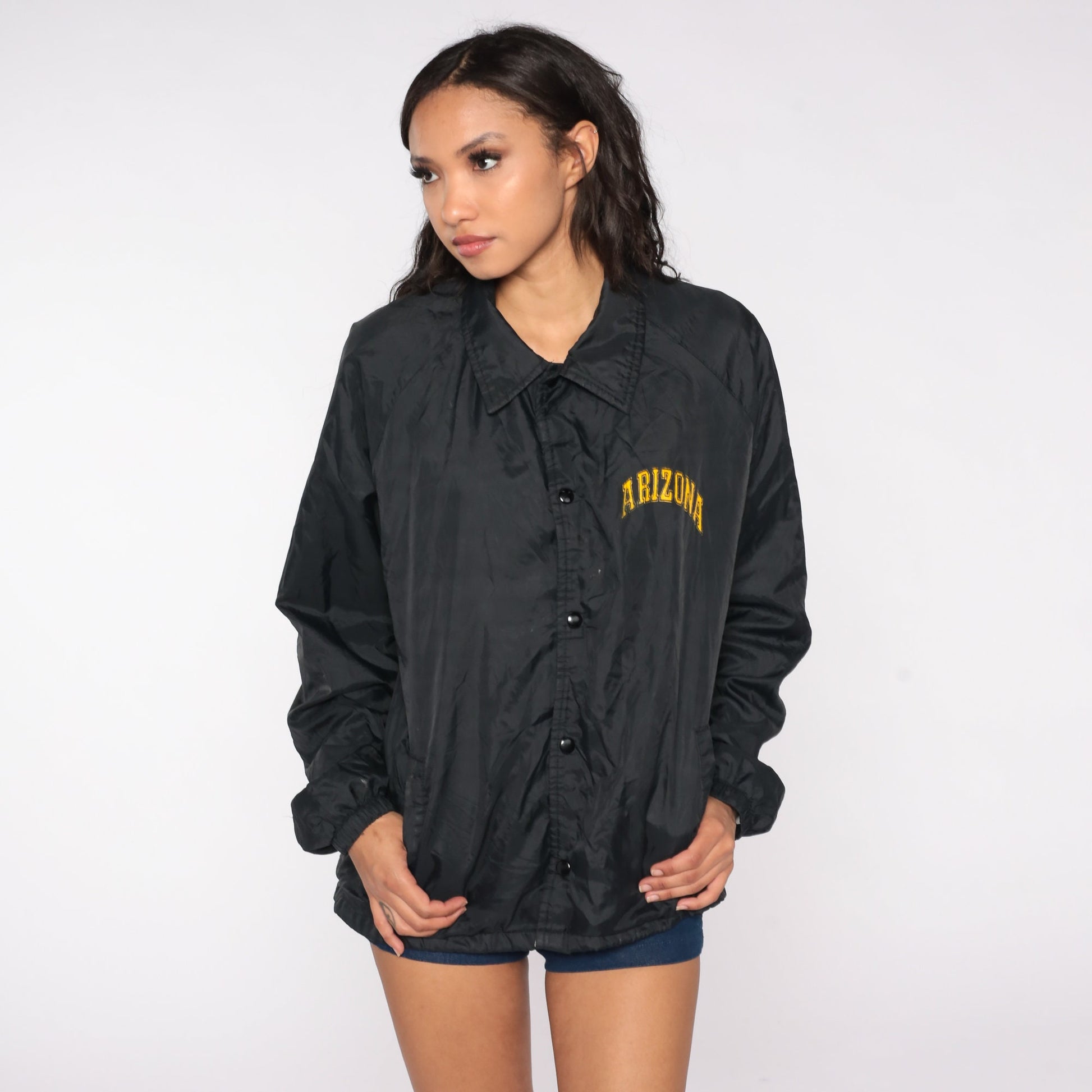 80s Chalk Line Arizona Windbreaker Jacket Black Nylon Snap Closure Large L