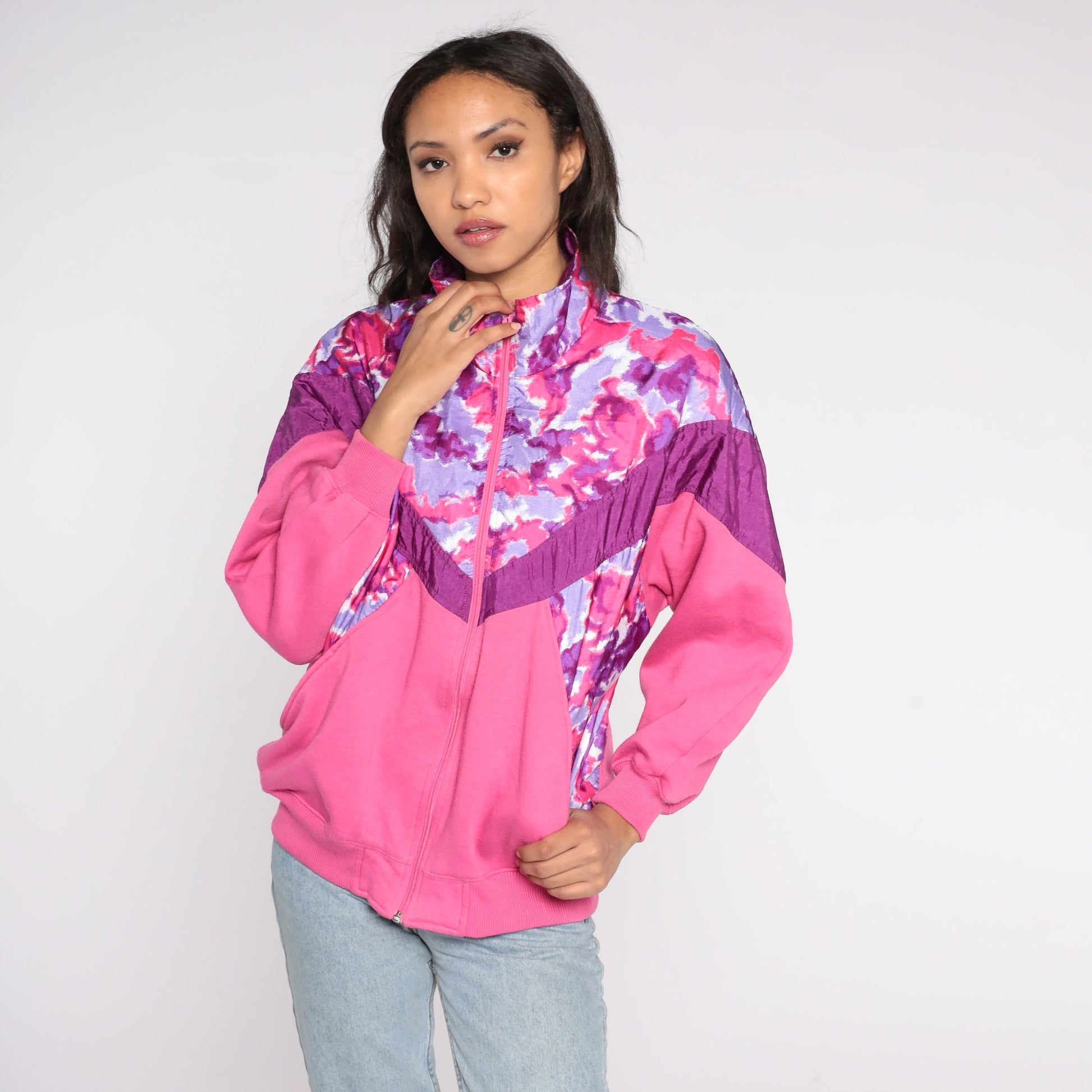 90s Pink Floral Color Block Zip Windbreaker Sweatshirt Medium M