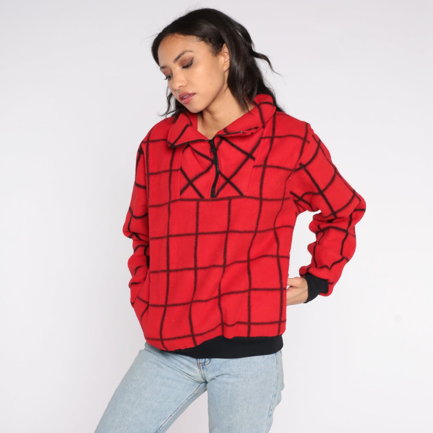 80s Le Tigre Red Checkered Fleece Quarter Zip Pullover Medium