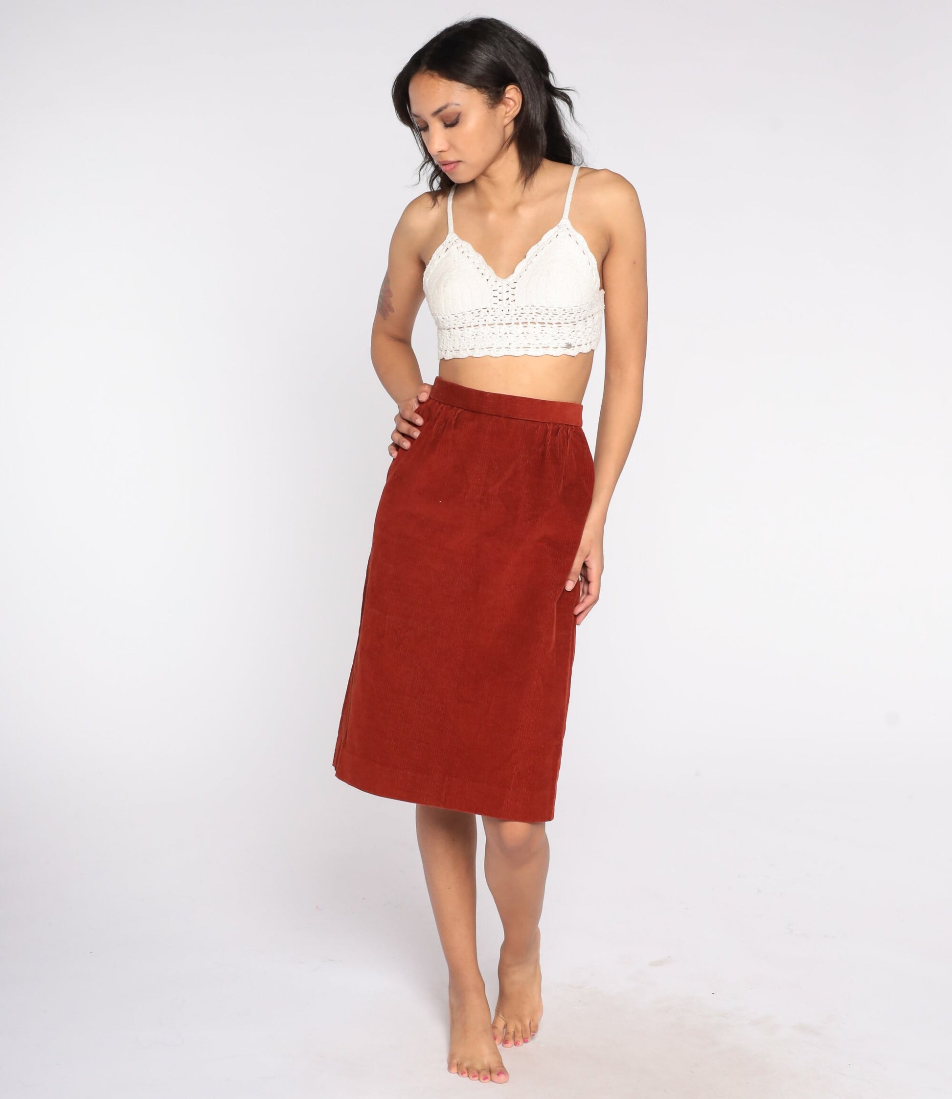 80s Rust Orange Corduroy Pencil Midi Skirt High Waist Small