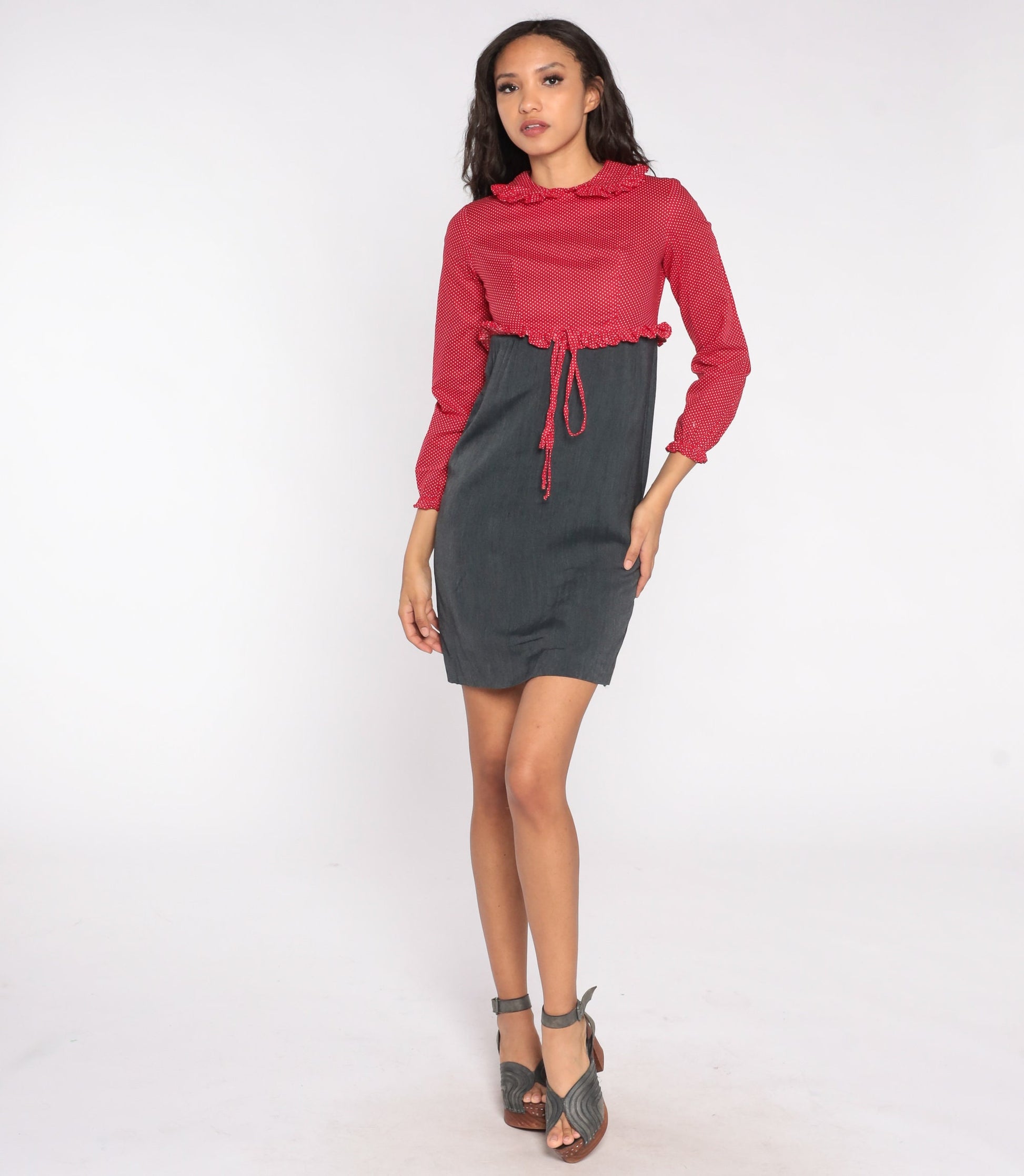 60s Red Polka Dot Mini Dress Peter Pan Collar Empire Waist Long Sleeve Extra Small XS