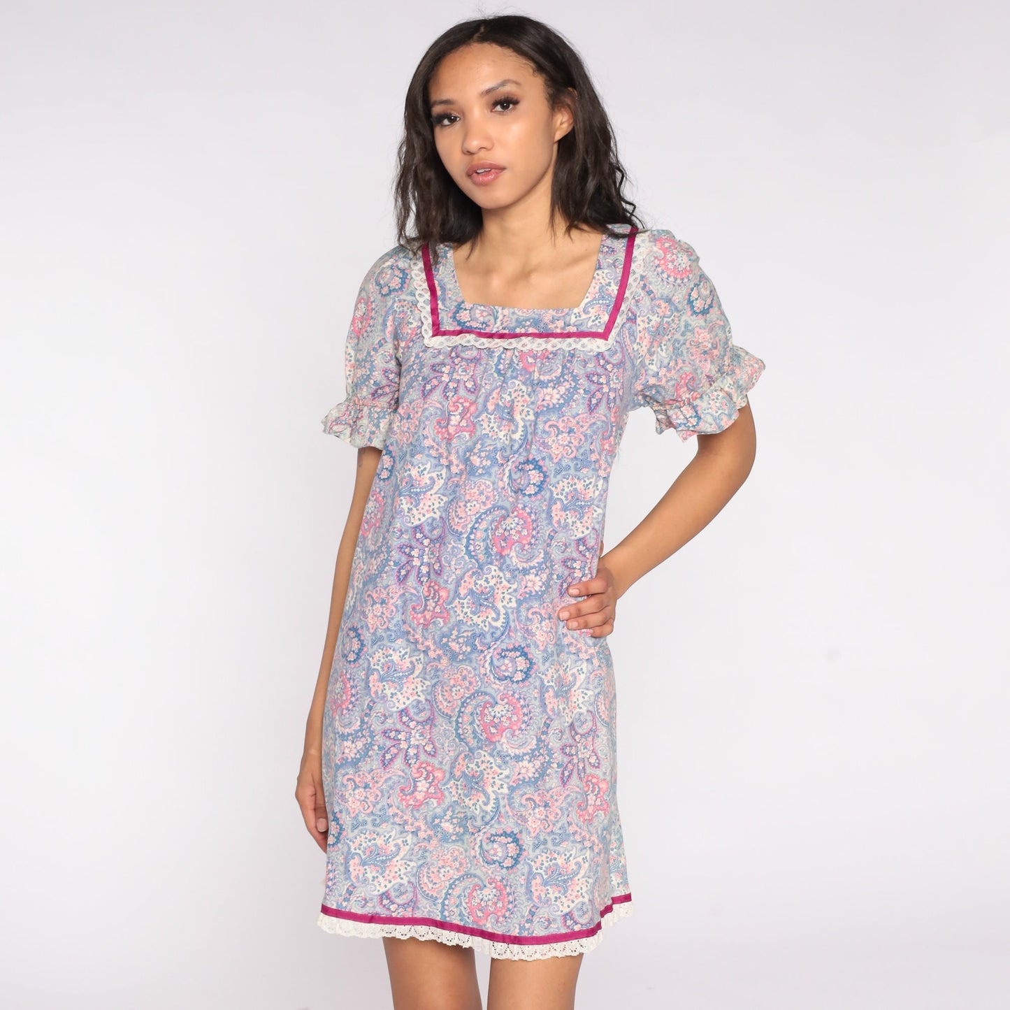 80s Paisley Mini Dress Puff Sleeve Shift Cut Lace Trim Small