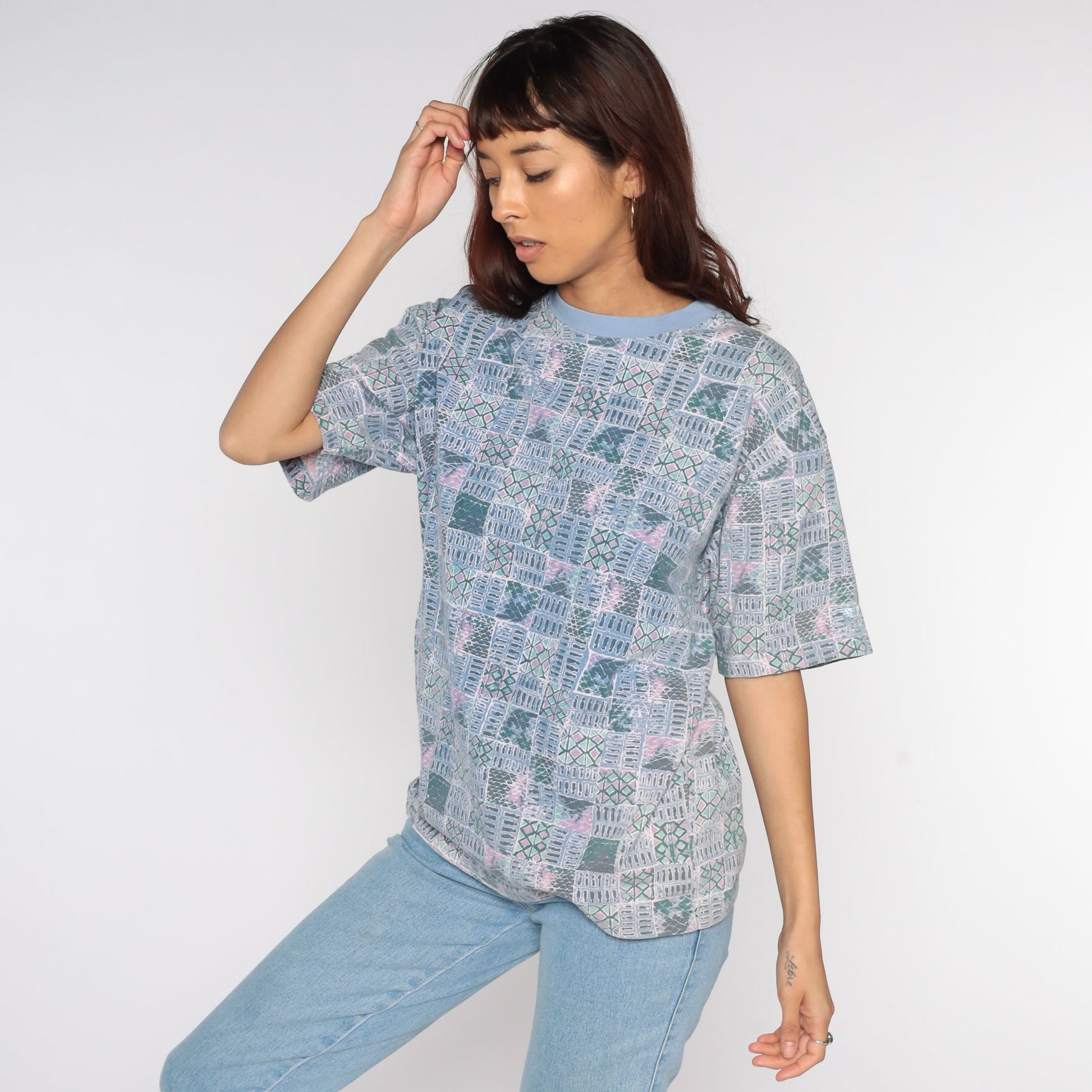 90s Dockers Geometric Patchwork T-Shirt Blue Striped Print Medium M