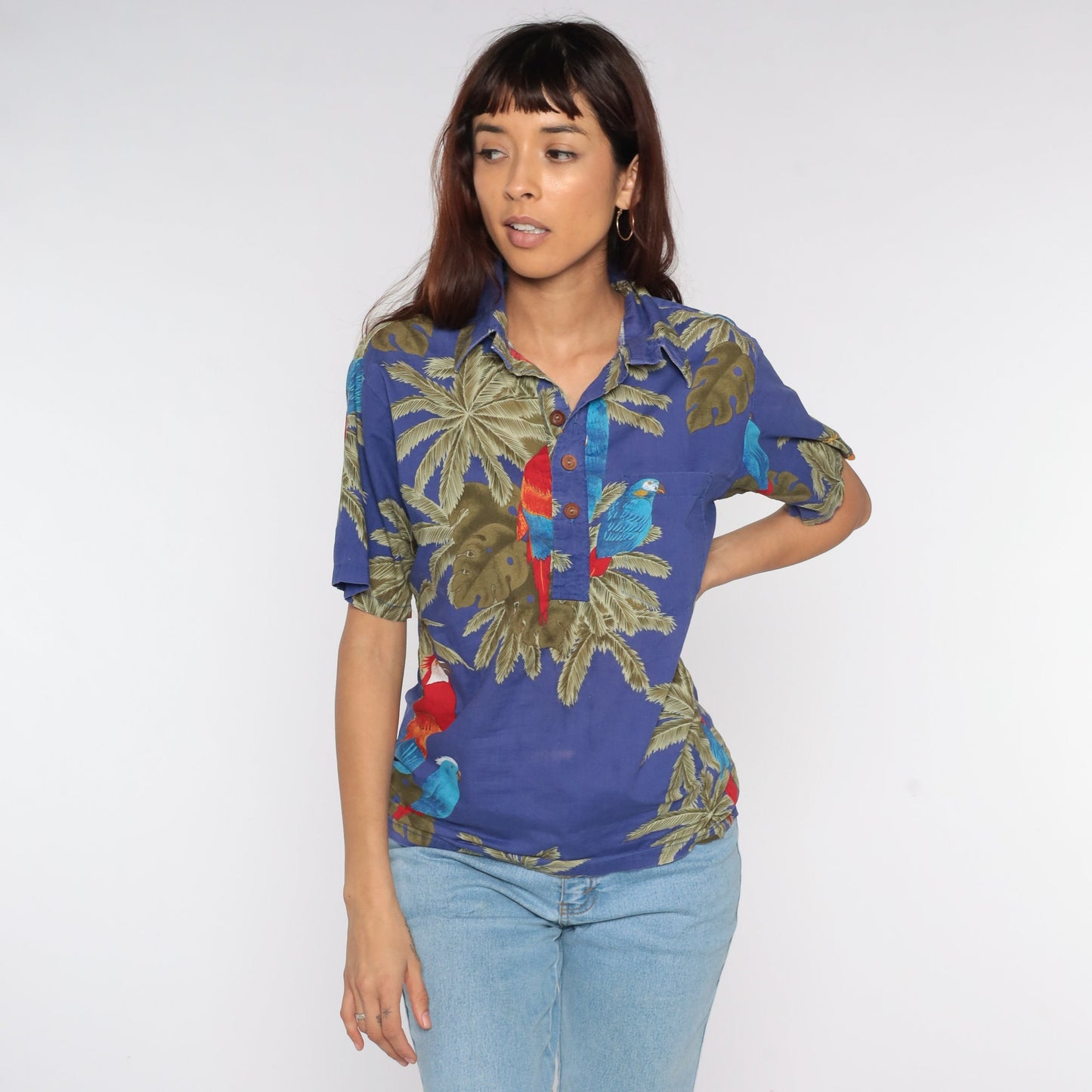 80s Ocean Pacific Tropical Polo Shirt Parrot Palm Leaf Print Small