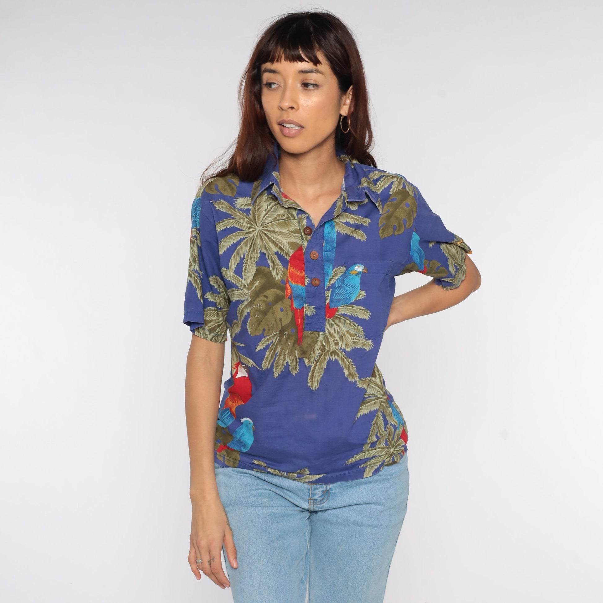 80s Ocean Pacific Tropical Polo Shirt Parrot Palm Leaf Print Small