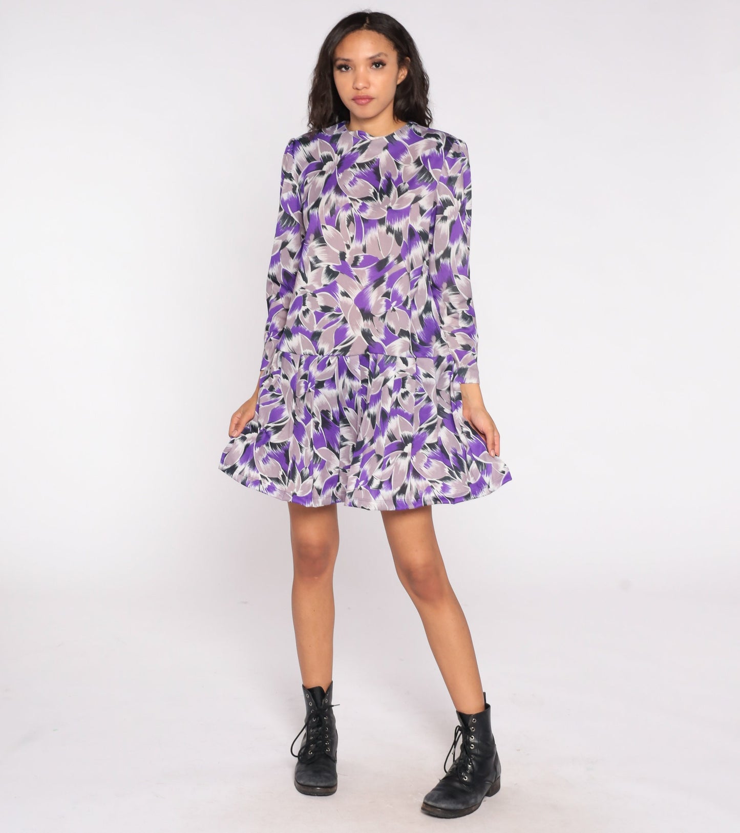 80s Purple Abstract Floral Mini Dress Puff Sleeve Drop Waist Large L