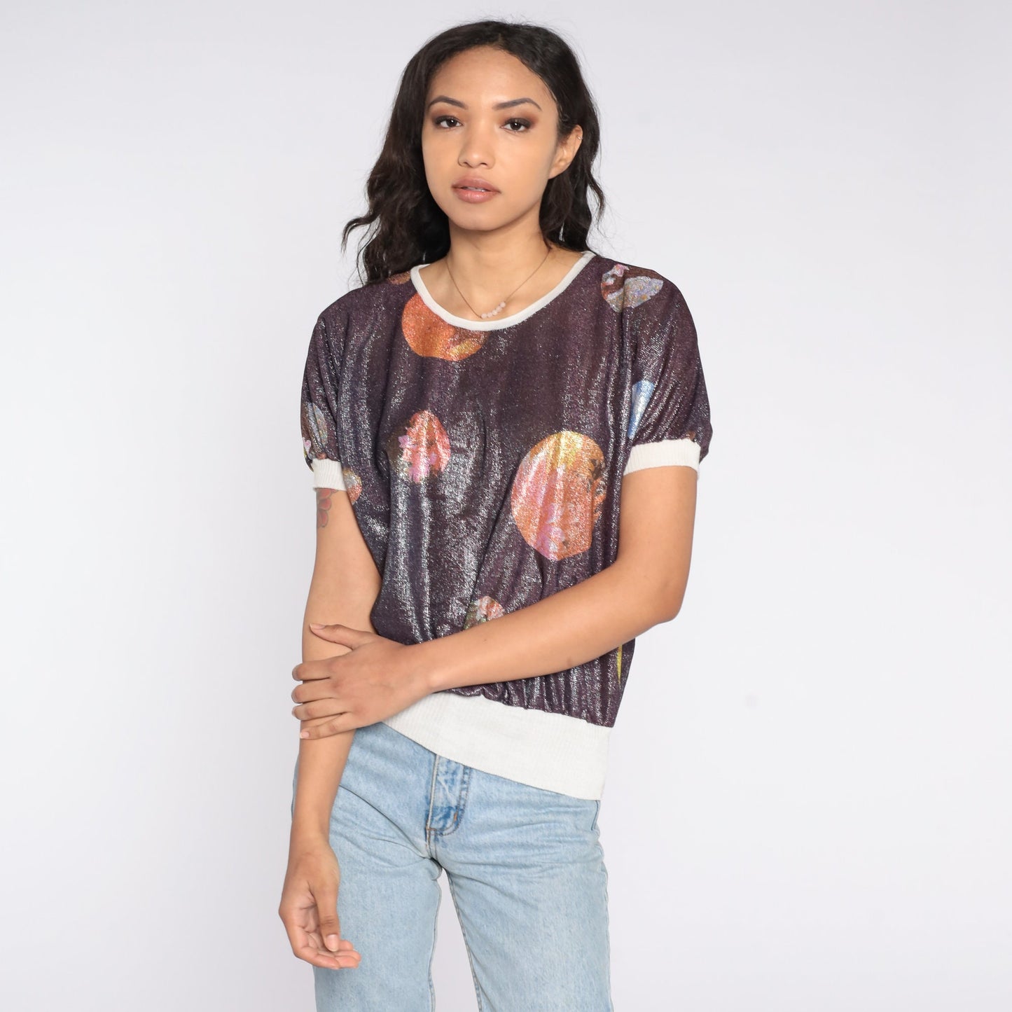 00s Metallic Floral Planet Print Short Sleeve Ringer Tee Small S