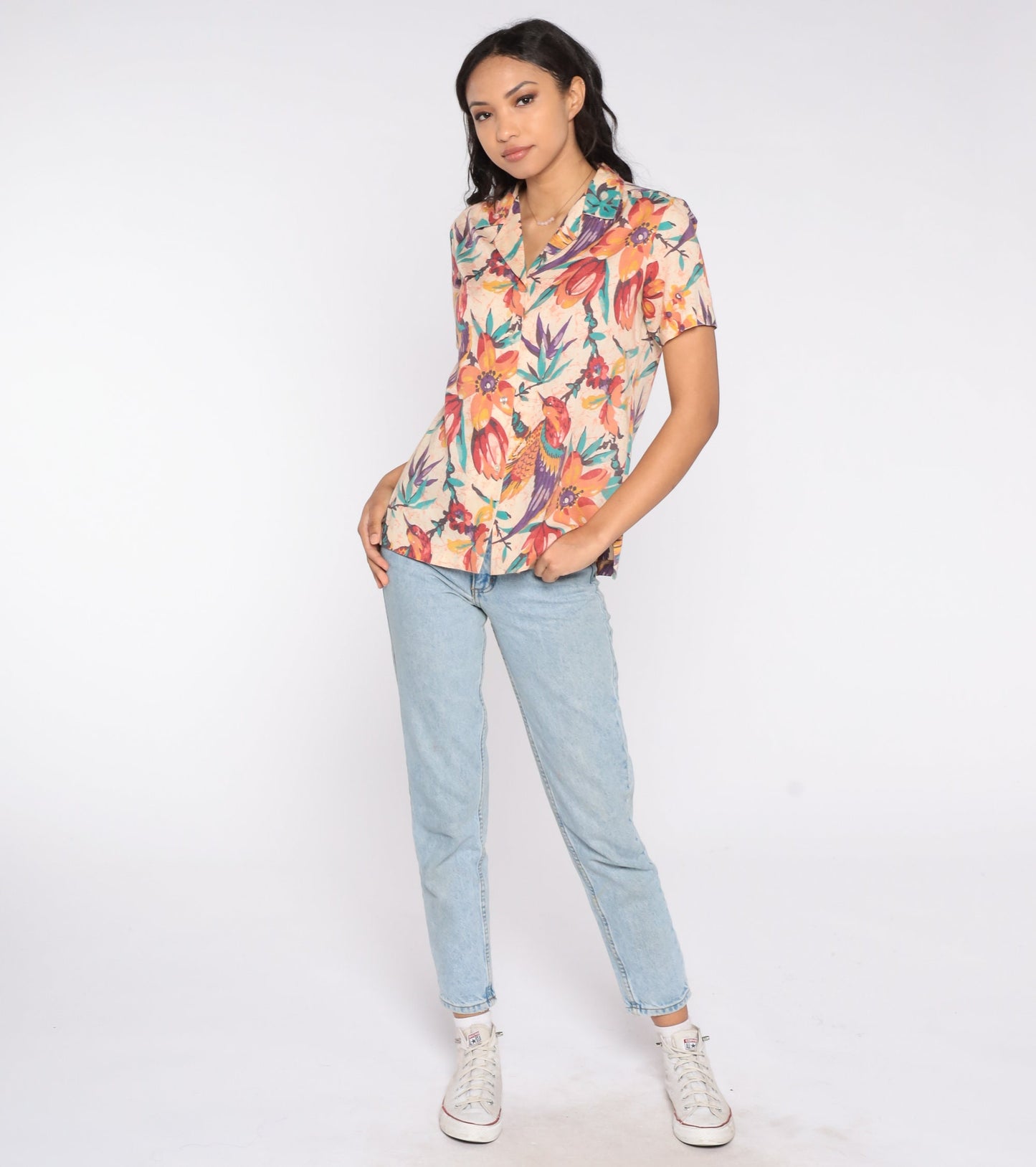 90s Tropical Floral Bird Print Button-Up Blouse Short Sleeve Rayon Medium M