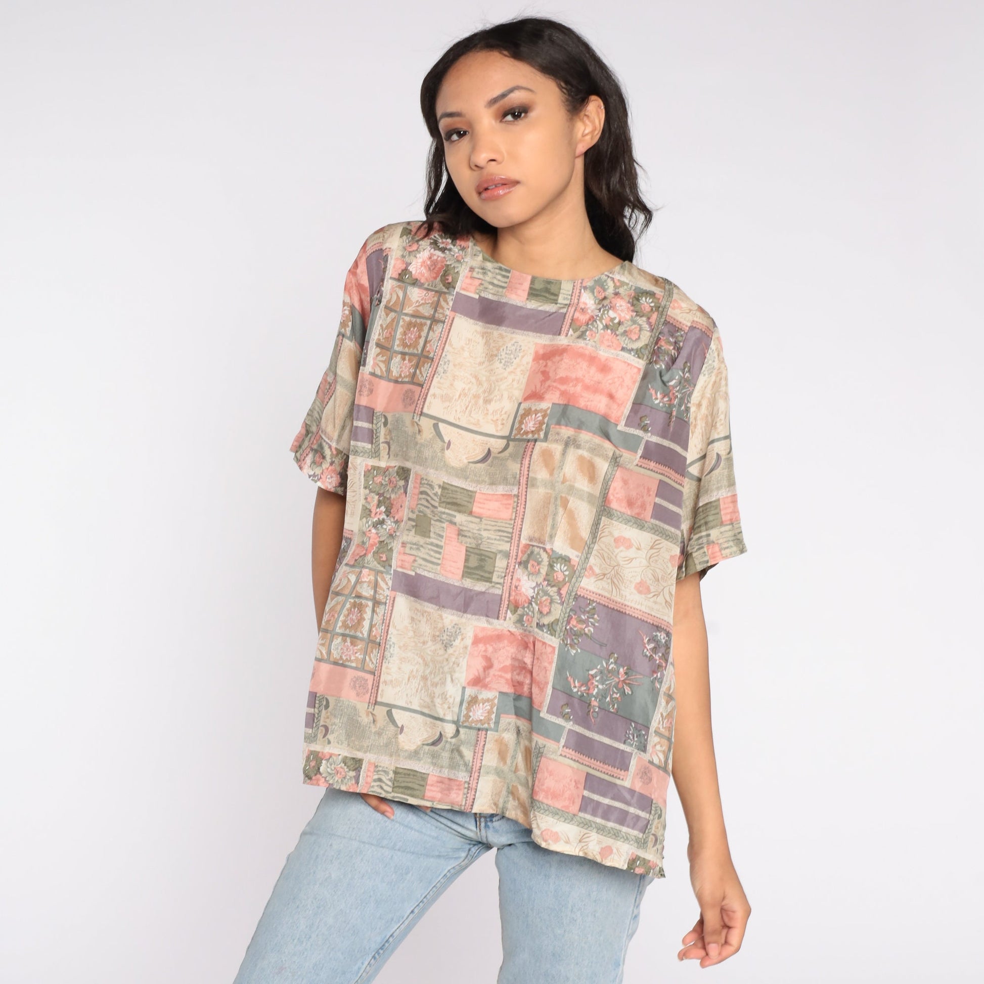 90s Silk Blouse Abstract Floral Patchwork Print Short Sleeve Pink Purple Extra Large XXL