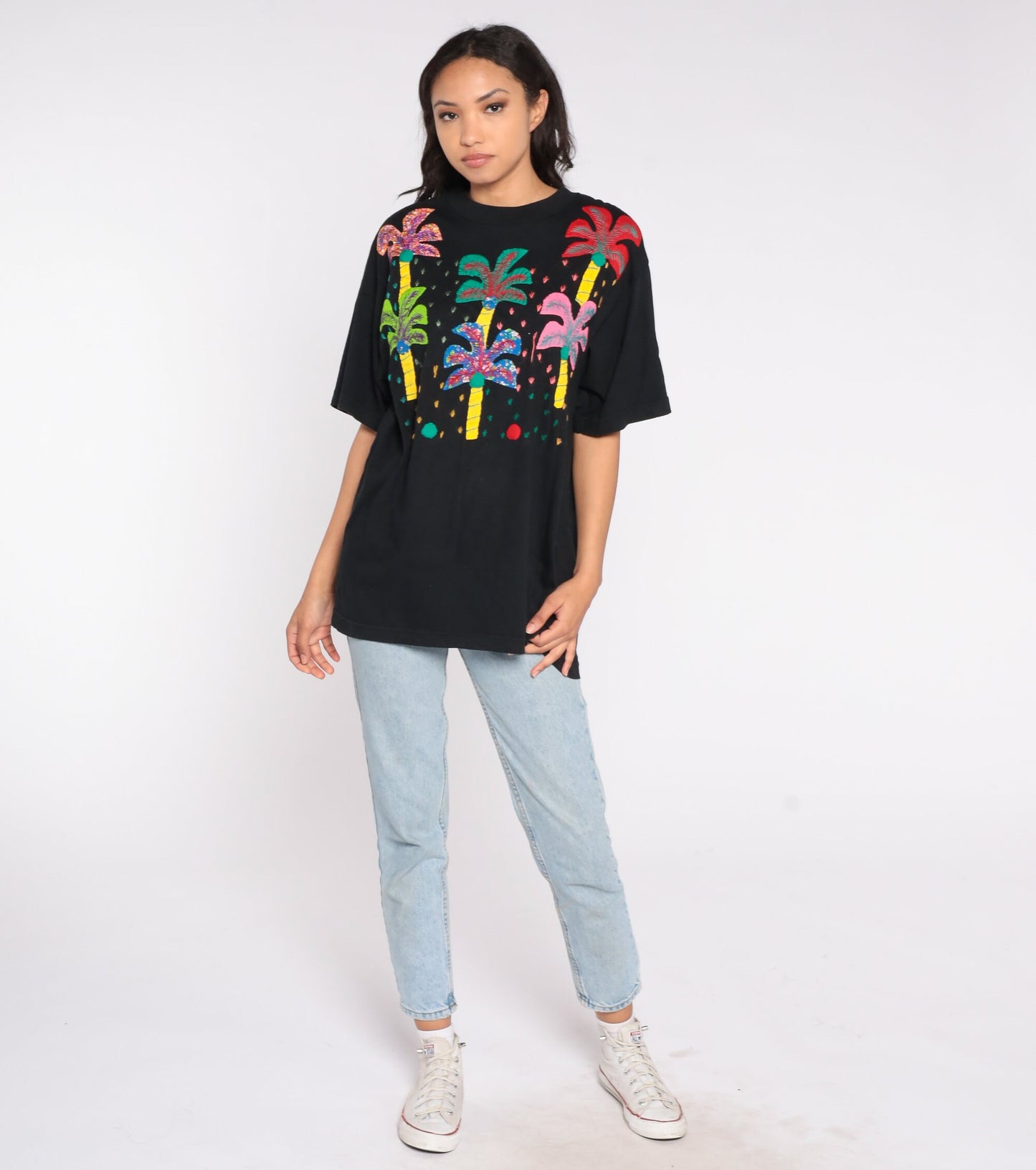 90s Palm Tree Embroidered T-Shirt Black Graphic Tee Extra Large XL