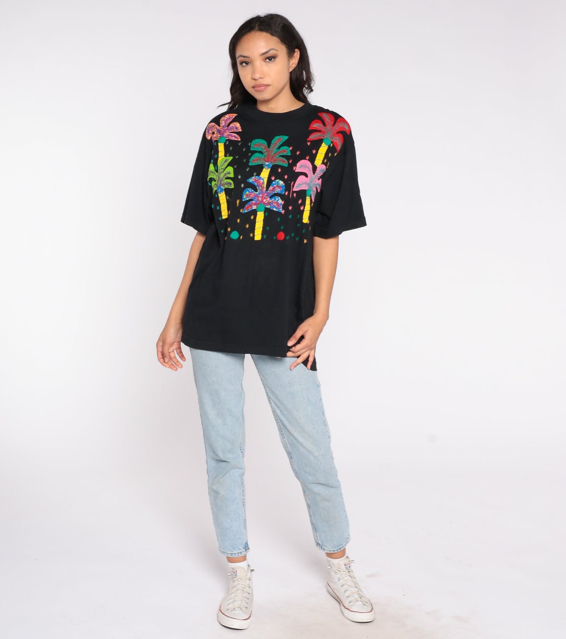 90s Palm Tree Embroidered T-Shirt Black Graphic Tee Extra Large XL
