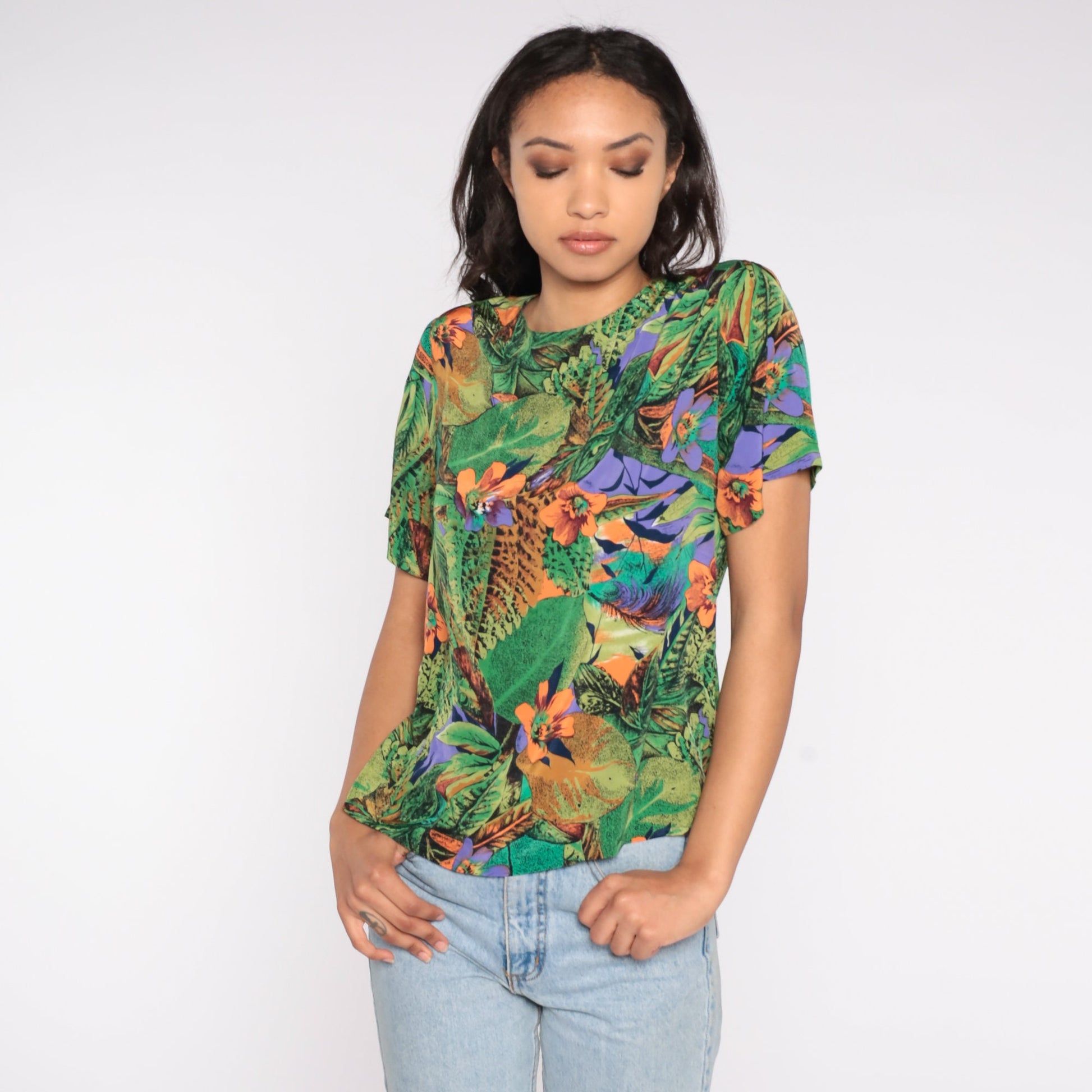 90s Tropical Floral Jungle Print Short Sleeve Shirt Green Small